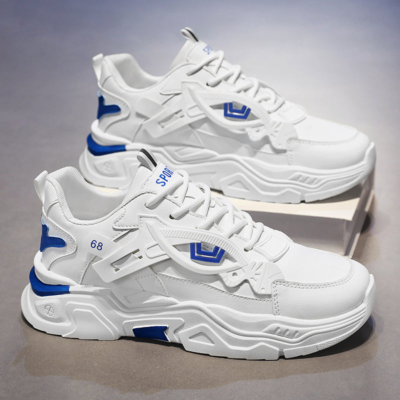 Men's White Blue Geometric Accent Casual Sneakers - Low-Top Lace-Up Breathable PU Upper, Cushioned EVA Insole Durable Rubber Sole for All-Season Casual Attire, Shoes Sneakers, Allseason Footwear, Sleek Shoe Design, Fabric