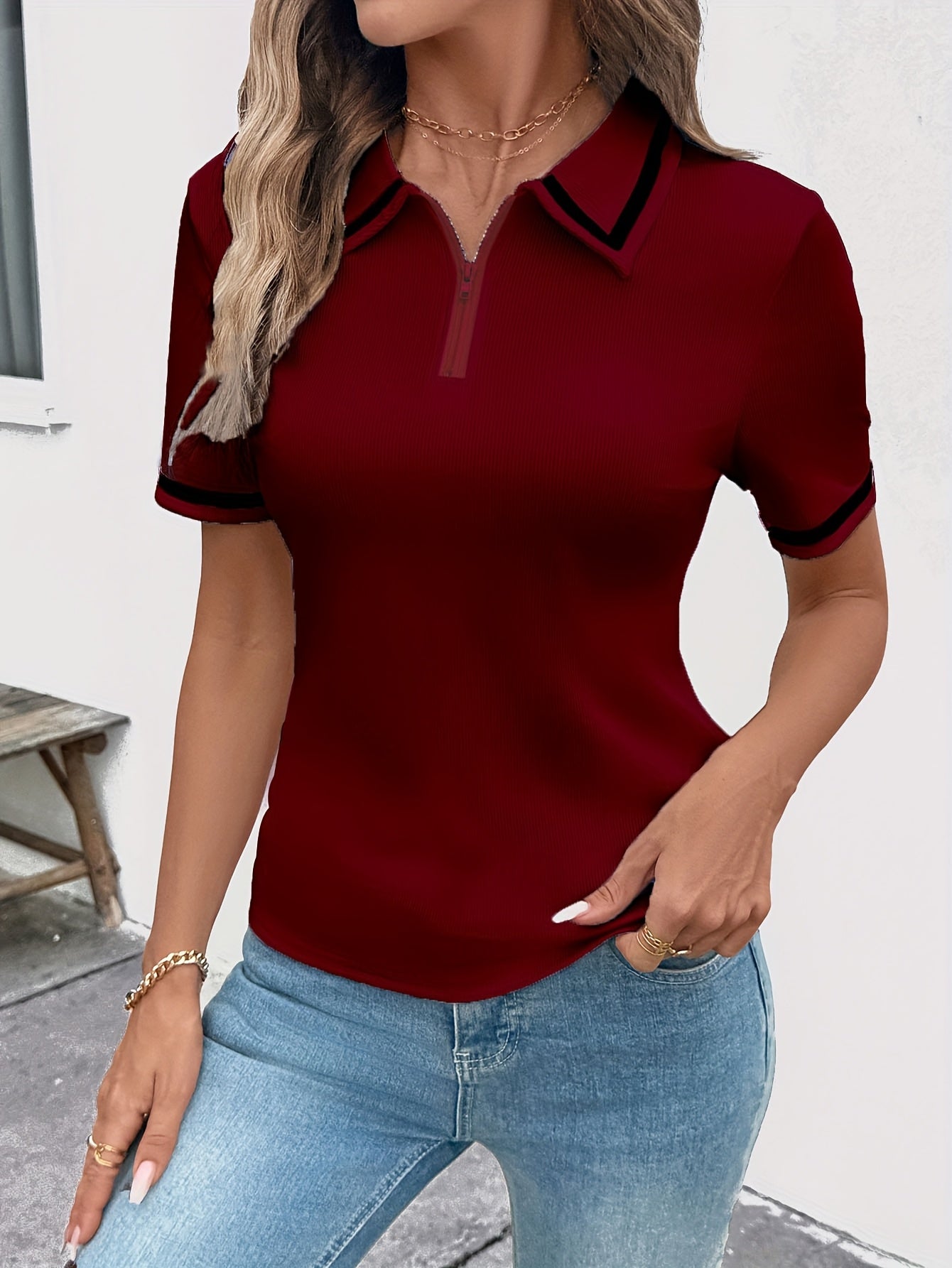 Women's Elegant Black Shirt with White Collar & Cuff Detail - Short Sleeve, Zippered, Stretchy Polyester-Spandex Blend, Machine Washable, Perfect for Casual or Professional Outfits