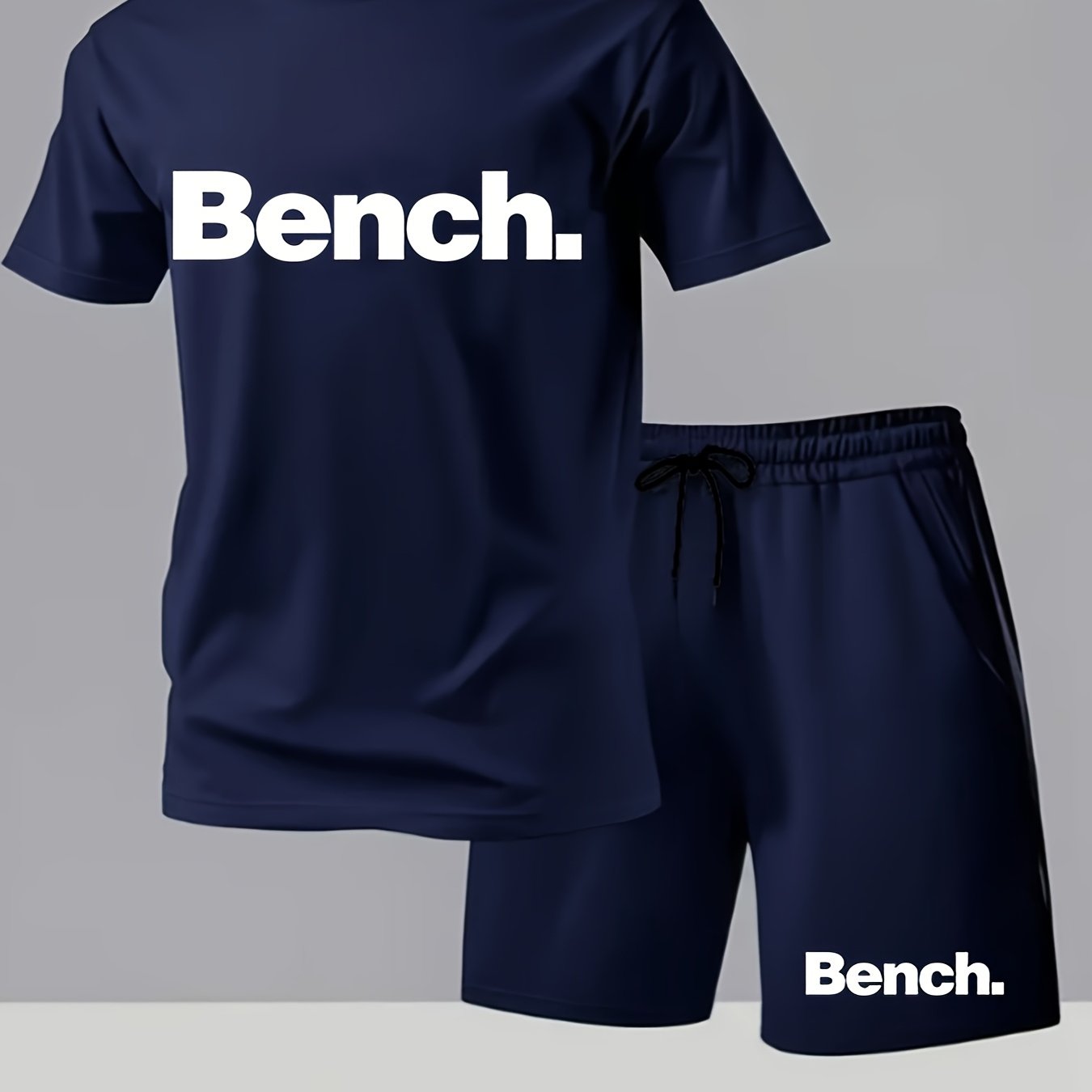 Summer Men'S Casual Sports Short Sleeve T-Shirt and Shorts Set, Knitted Polyester Fabric, Comfortable Breathable, Bench. Letter Print Design - 2pcs