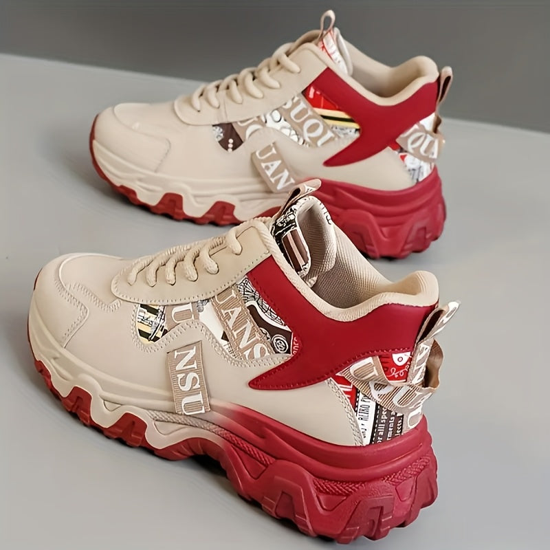 Women's Chunky Platform Sneakers - High-Top Lace-Up Shoes with Cushioned PVC Sole, Beige/White/, Synthetic Cover Upper - All-Season Outdoor, Casual, Office Shoes for Everyday Formal Outfits - Lightweight Thick Platform Foot