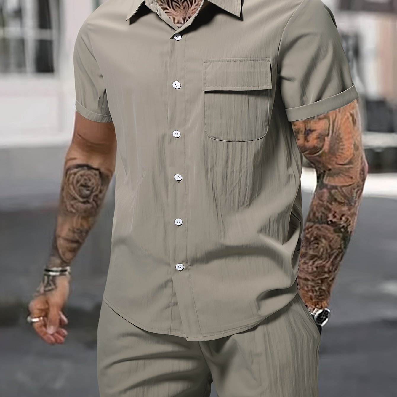 Men's Summer 2pcs Set: Casual Fashion Beige Short Sleeve Collared Shirt & Drawstring Shorts - Lightweight Blend, Ideal for Beach Vacations