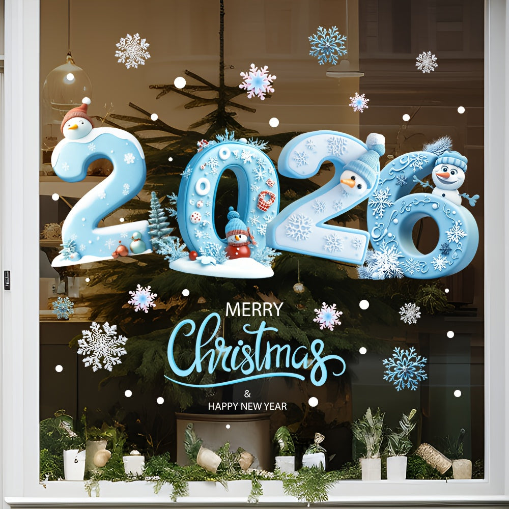 2026 Christmas & New Year Glass Stickers - Winter Snowflake & Snowman Self-Adhesive Irregular Shape Glittery Matte Finish with 2026 Number Design, & White Winter Theme with Penguins, Holly & Snowflakes - One-Time Use for, Do