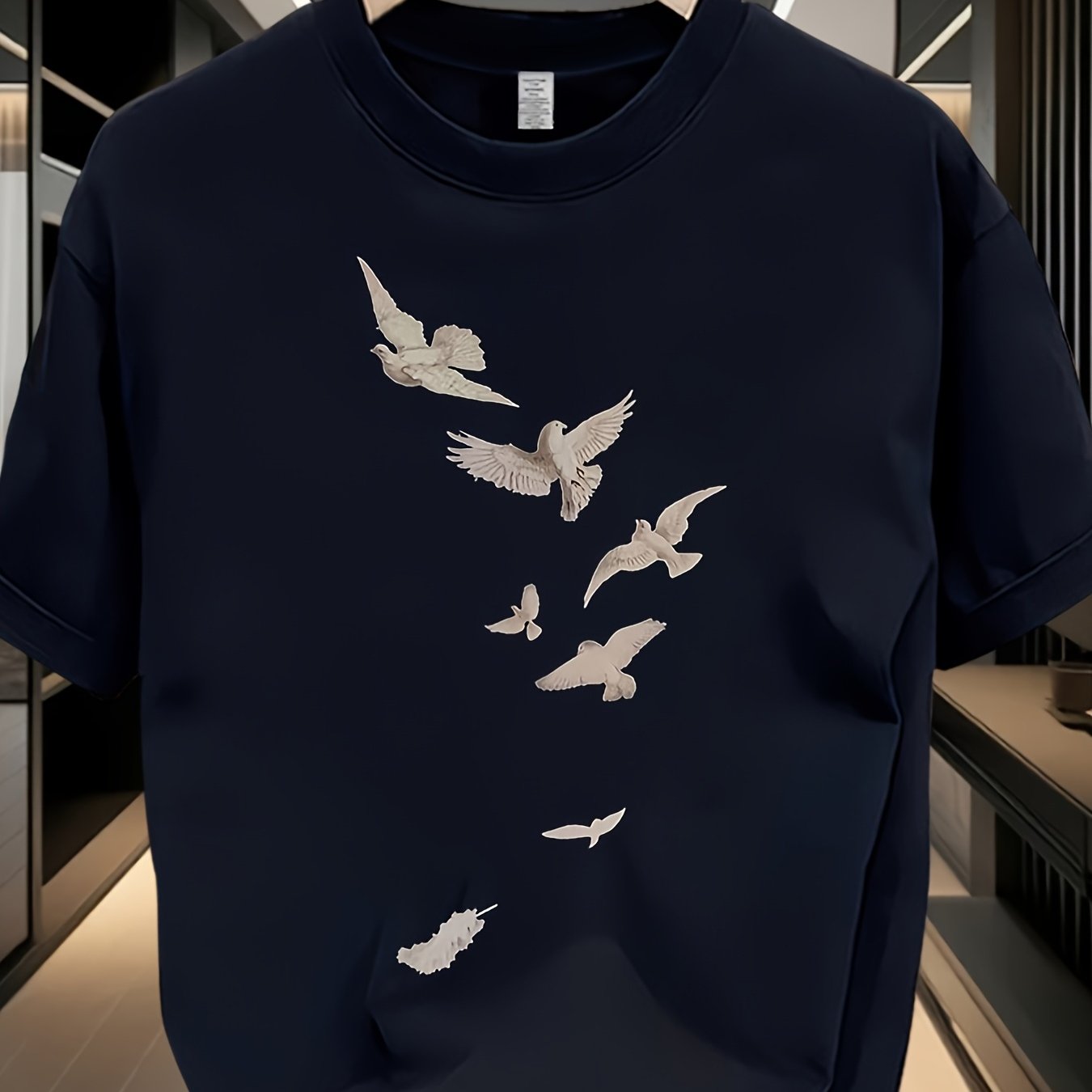 Men's Loose Fit Cotton T-Shirt - Casual Summer Short Sleeve Crewneck with Artistic Bird Print, Lightweight & Breathable for Casual Attire, Breathable Clothing | Relaxed Fit Shirt | Pure Cotton Fabric