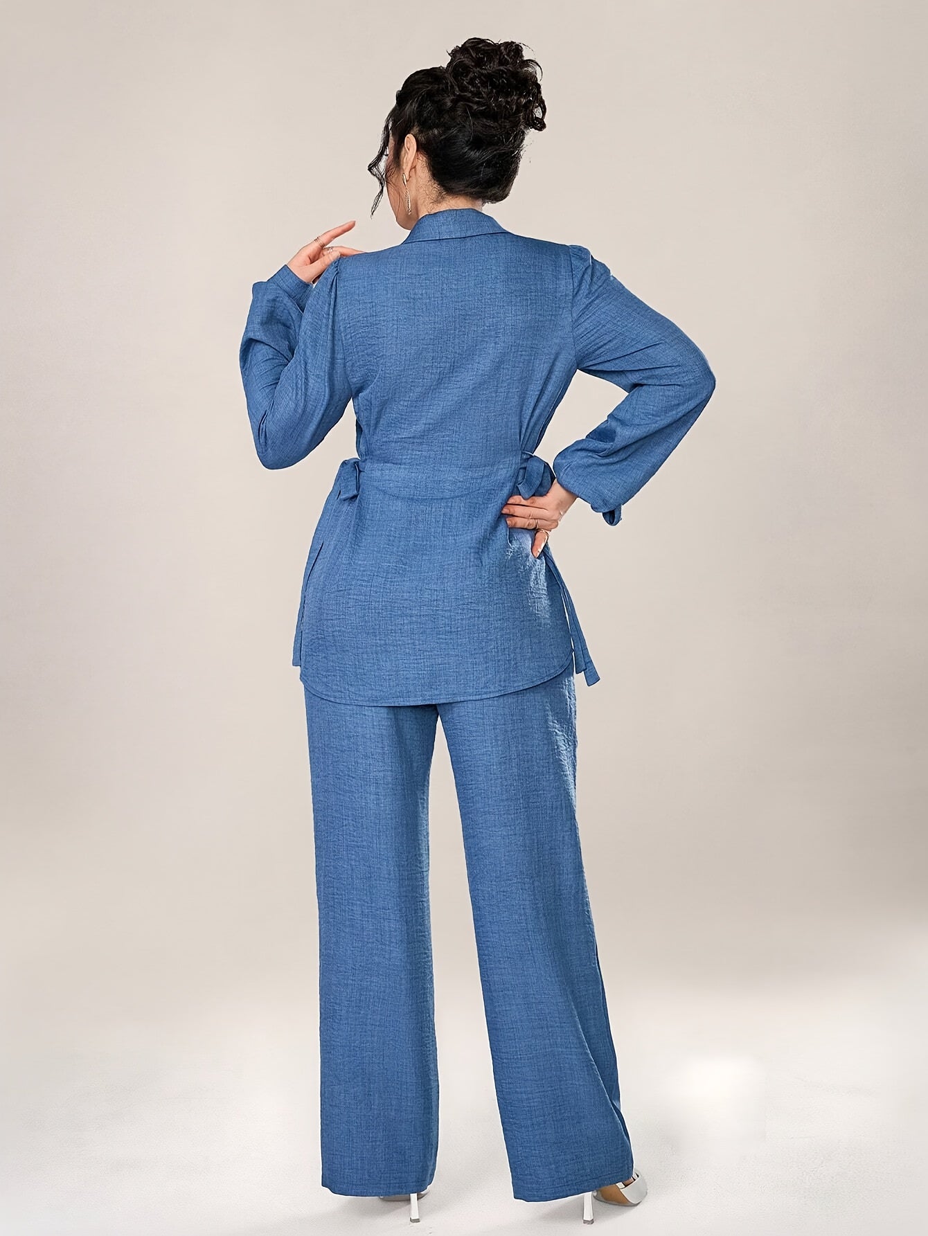 Stylish and Elegant Casual Two-Piece Women's Outfit with Side Tie Single-Breasted Shirt and Wide-Leg Pants for Office Wear