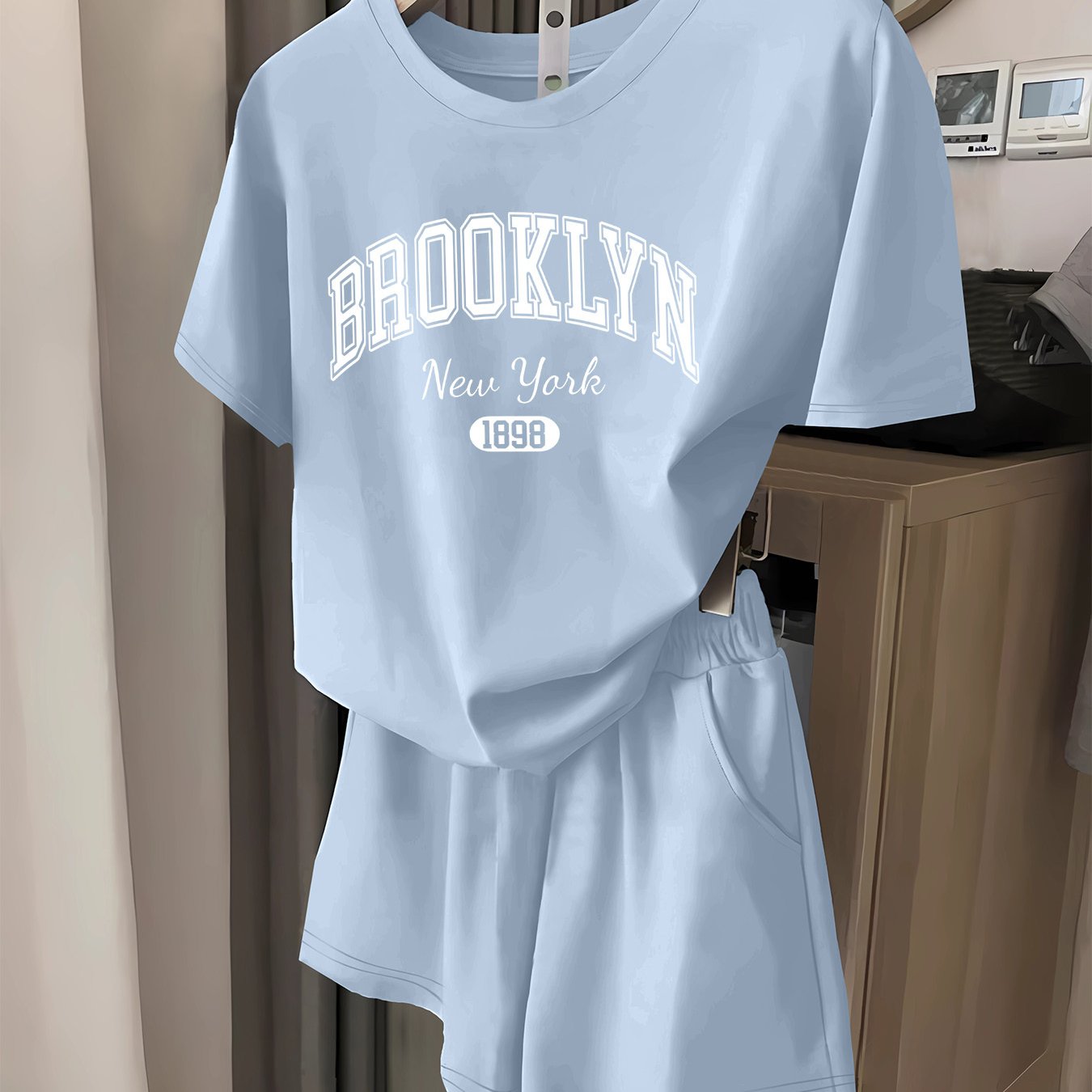 BROOKLYN letter print երկհատ հավաքածու, կարճաթև շապիկ և շորտեր, կանացի հագուստ