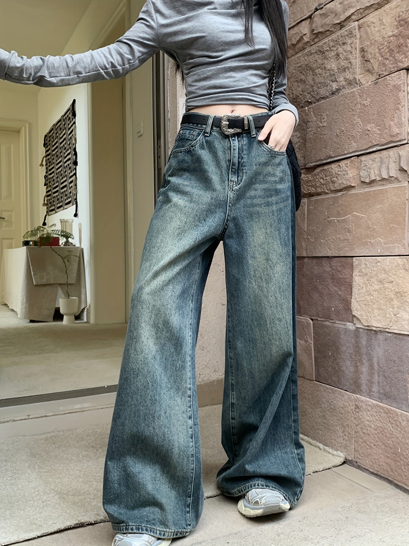 1pc XNVJEVGY Women'S High-Waisted Wide Leg Denim Jeans, Casual Style, Non-Stretch, Solid Color, Long Pants with Zipper Closure, Washed Finish, Suitable for All Seasons