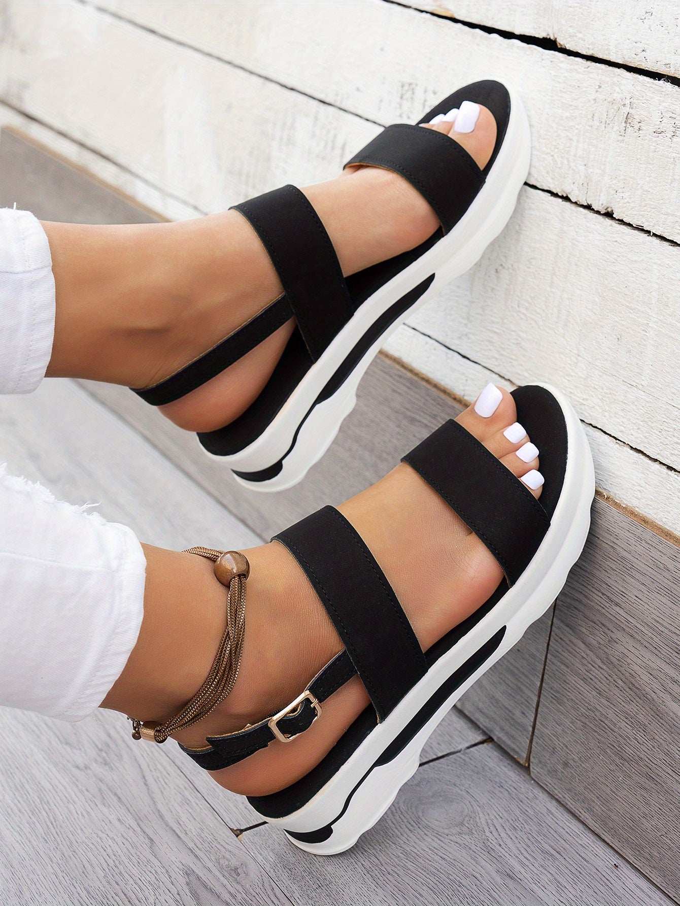 Mhysa Women's Comfortable Open-Toe Platform Sandals with Thick Sole & Golden Buckle Strap - Summer Casual White PU Cover Ankle Strap Sandals for Casual Attire, Ladies Sandals