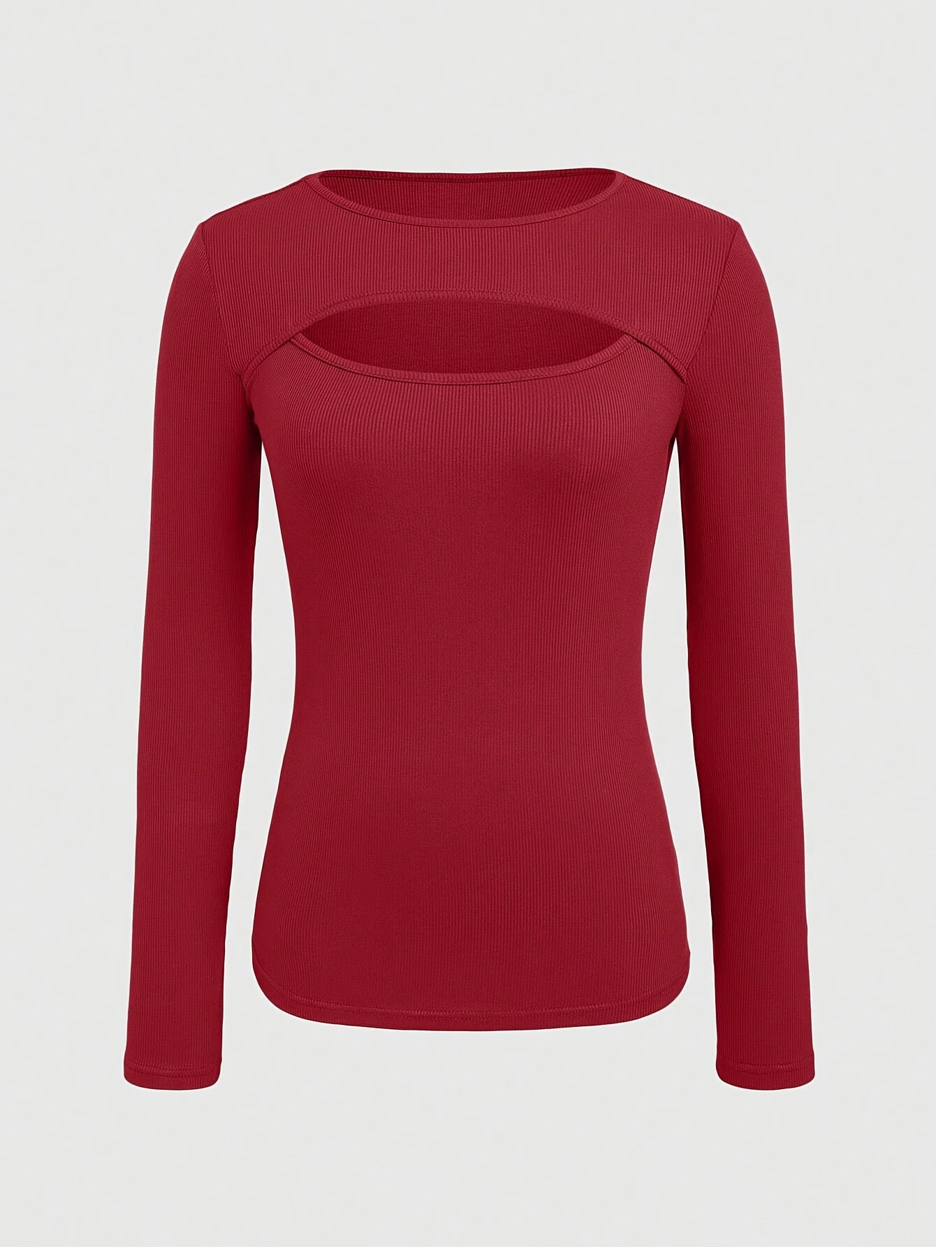 1pc Essence Women'S Elegant Ribbed Long Sleeve T-Shirt, Polyester and Spandex Blend, Hollow-Out Detail, Solid Color, Crew Neck, Regular Length, Knitted Fabric - Autumn/Winter Collection