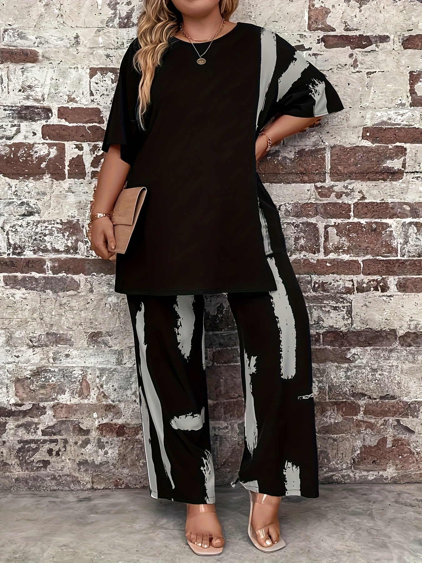 Plus Size Women'S Black Printed Sweater Set - Casual Long Sleeve Pullover with "LOVE" Design, Wide Leg Pants, Non-Stretch Fabric, Perfect for Fall & Winter, Autumn Winter Wear|Casual Style|Comfortable Fit