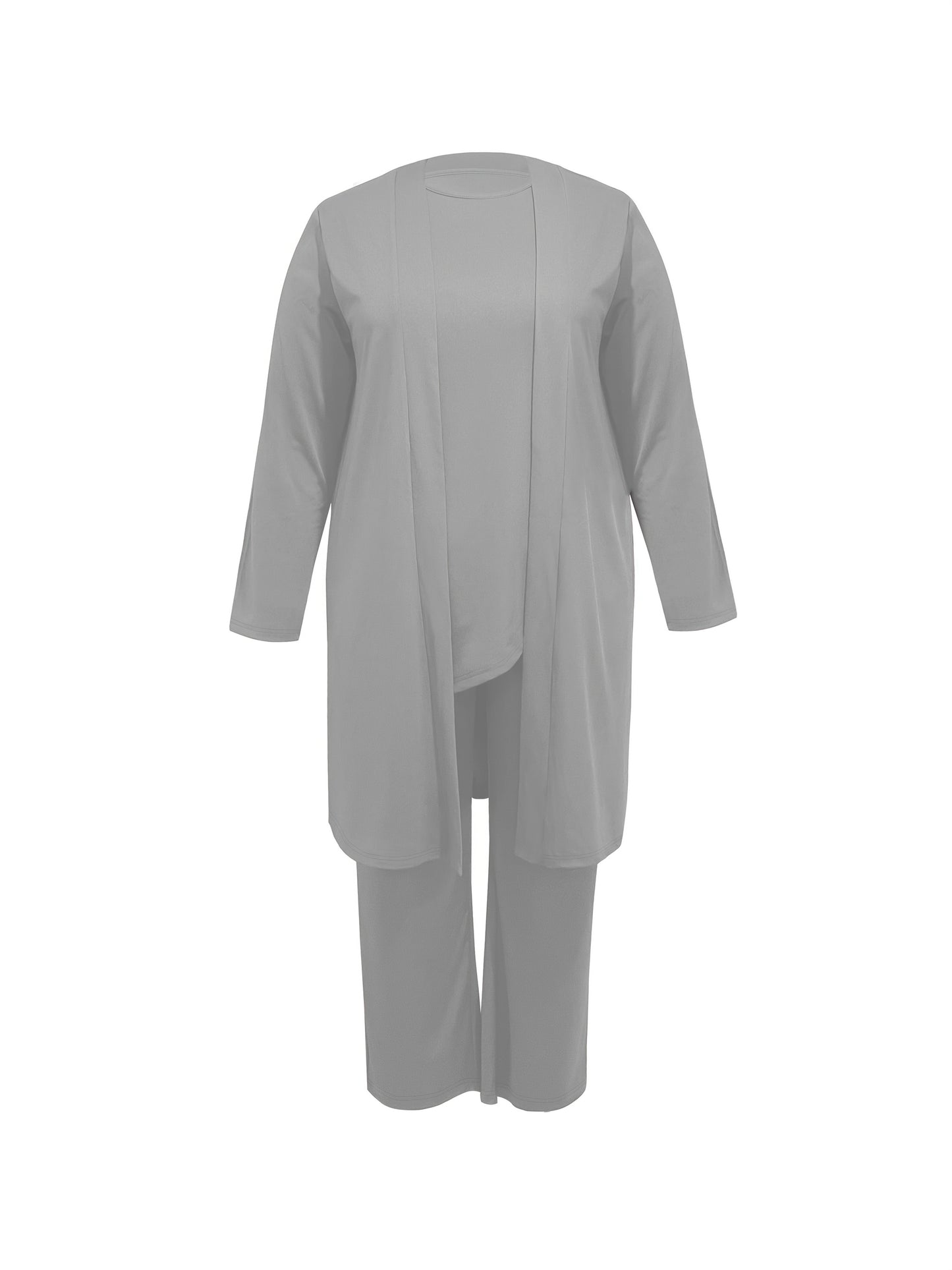 Plus Size - Spring and Autumn Women'S Simple Casual Solid Color Jacket Top Cardigan + Round Neck Sleeveless Vest + Elastic Waist Drape Pocket Straight Pants Three-Piece Set Commuting Suit