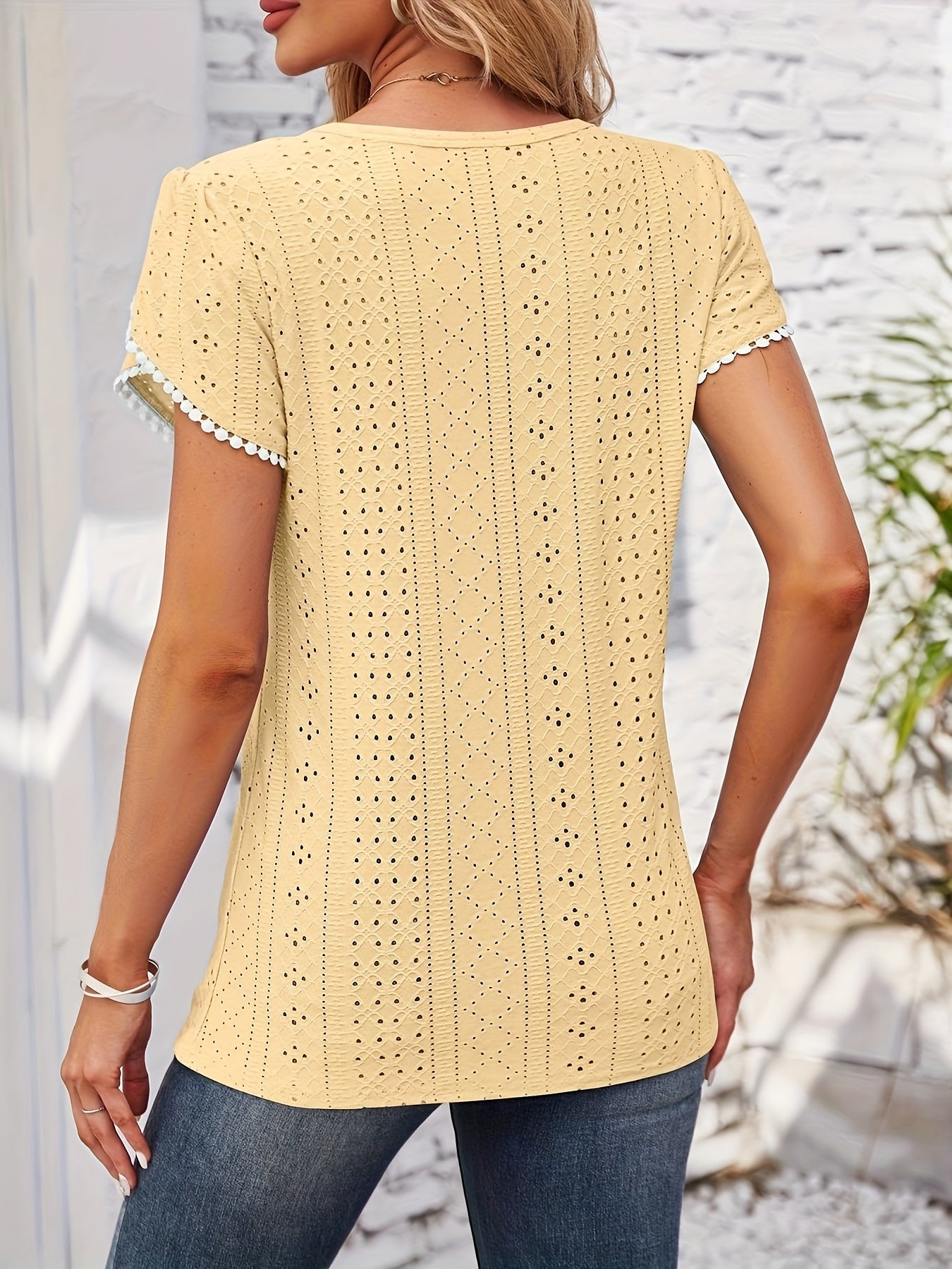 Women'S Elegant Blouse - Soft Pink Round Neck T-Shirt with Floral-like eyelet details, Breathable Loose Fit Top for Casual & Formal Outfits - Everyday Summer Shirt for Women, Ladies T Shirts, Versatile Clothing, Feminine Styl