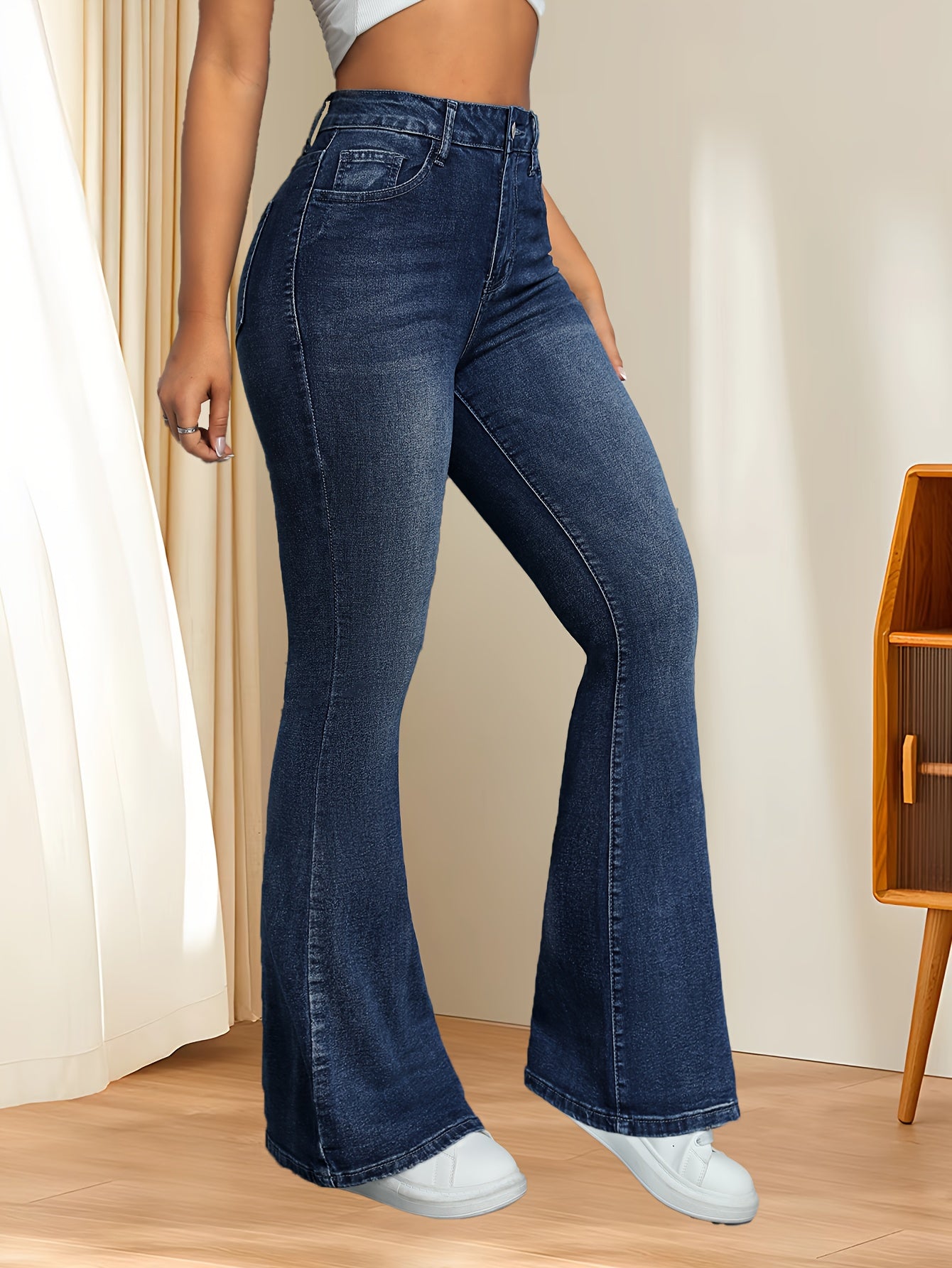 Flare Leg Strechy Whiskering Washed Blue Casual ոճի կայծակաճարմանդ կոճակով փակվող ջինսե տաբատ, կանացի ջինսե ջինսեր և հագուստ