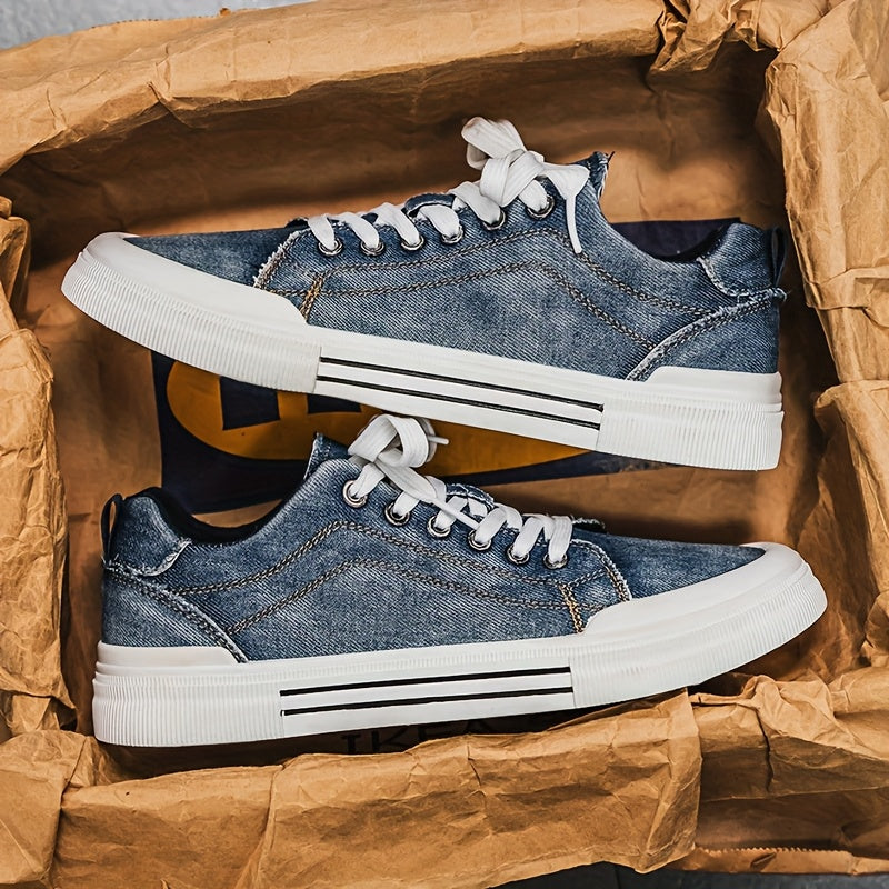 Men's Casual Canvas Sneakers - Trendy Blue Denim Low-Top Lace-Up Shoes with White Rubber Sole, Durable & Comfortable for Casual Attire, Street Style, and Outdoor Activities, Casual Sneakers | Trendy Footwear | Durable Sneaker