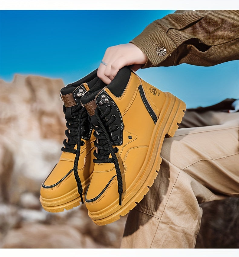 Large Size High Top Casual Shoes Short Boots Men's Big Yellow Boots High Top Trendy Versatile British Style Short Boots Mid Top Work Boots Men's Hiking Boots