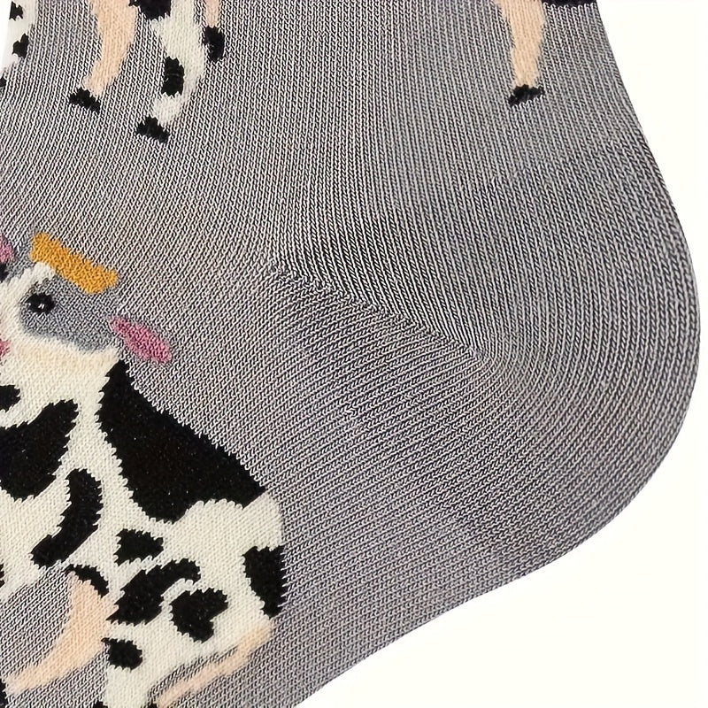1 Pair Unisex Couple'S Knee-Length Socks, Grey Cow Print, 100% Polyester Knit Fabric, Animal Pattern, Hand Wash/Dry Clean