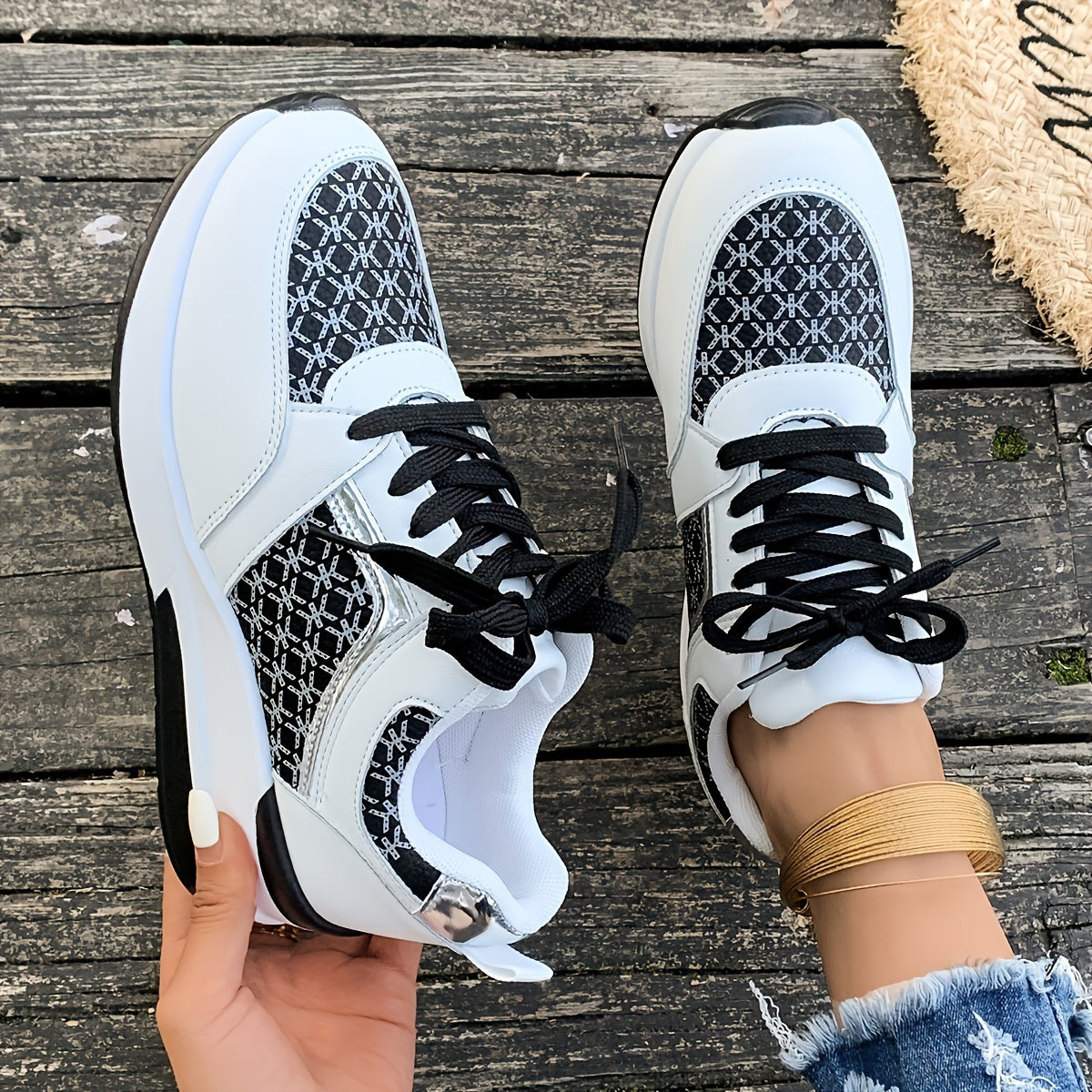 Women'S Plus Size Casual Sneakers - White Synthetic Cover Low-Top Lace-Up Shoes with Golden-Tone Accents, EVA Sole Breathable Fabric Lining for Summer Comfort, Ladies Sneakers, Comfortable Footwear, Durable Footwear