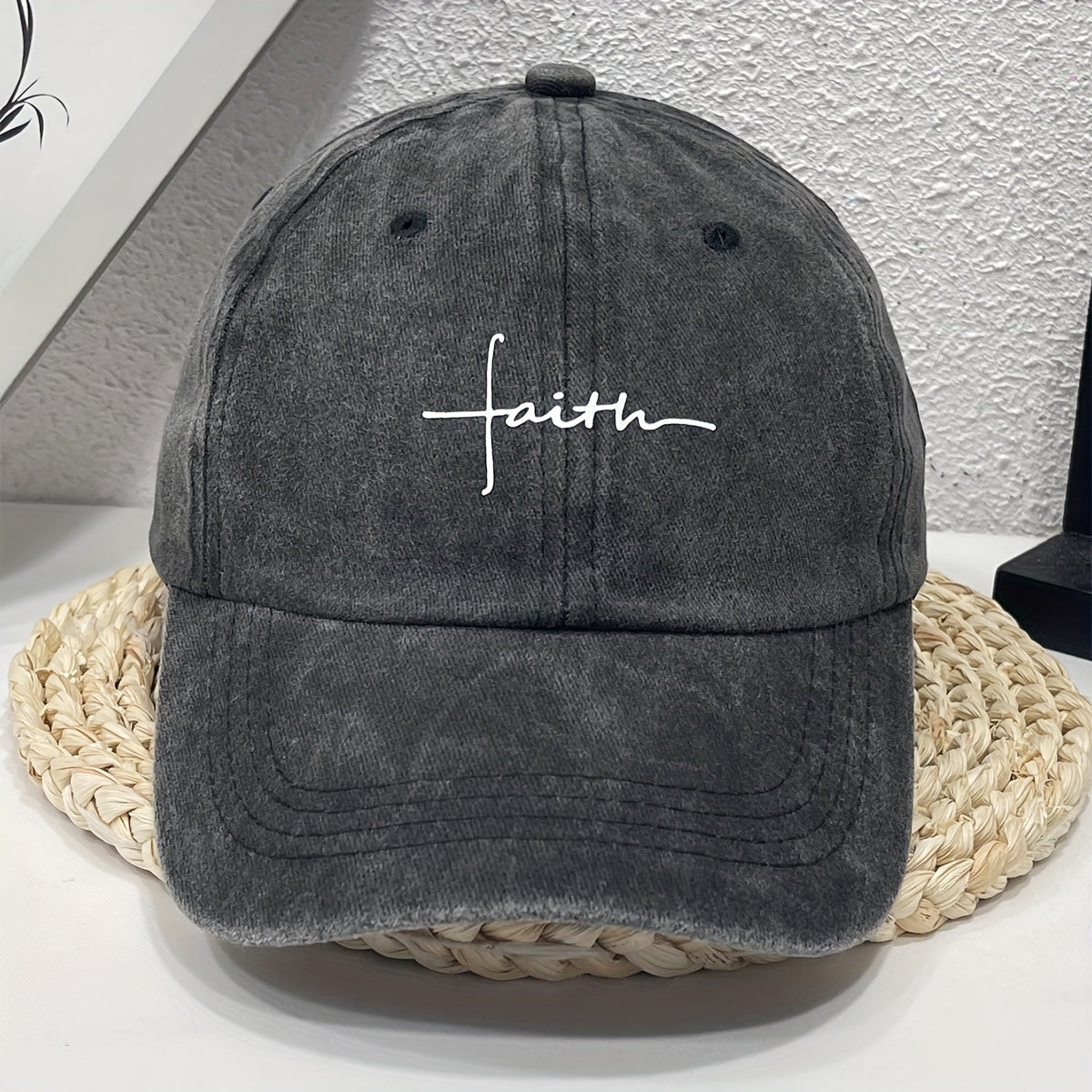 Vintage Street Style Water Wash Denim Polyester Baseball Cap, Faith Print, for Men, Women