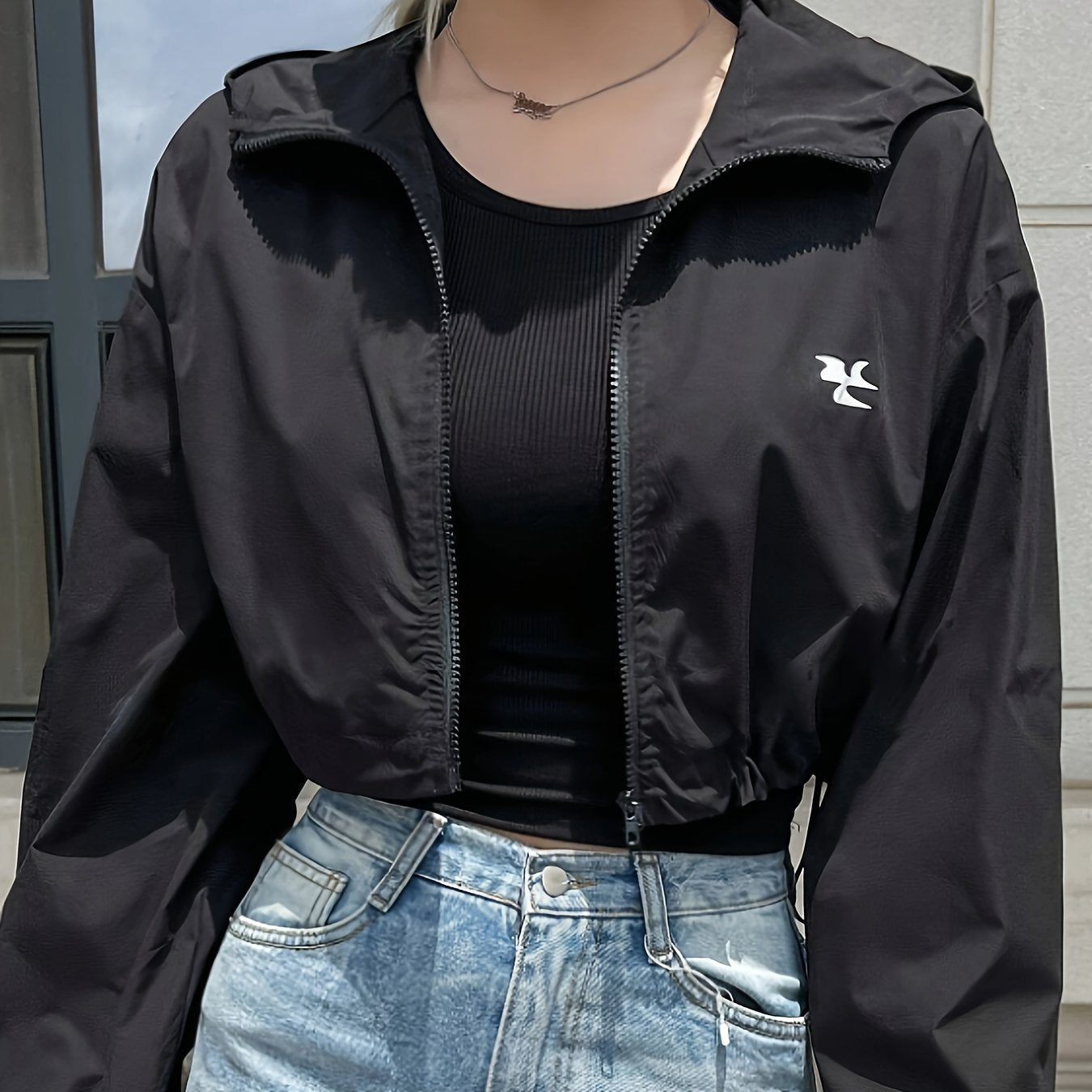 Chic Hooded Jacket for Women - Solid Color, Zip-Up, Polyester, Machine Washable - Perfect for Spring/Fall