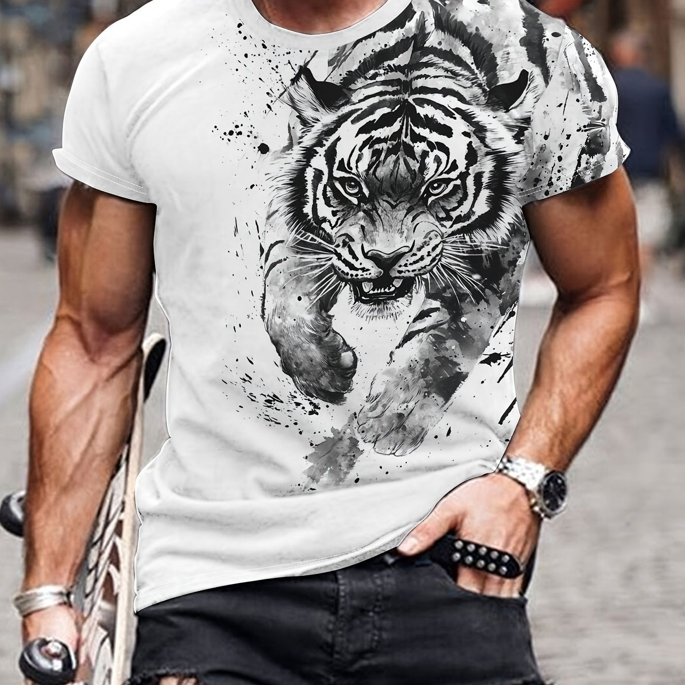 Men'S 3D Tiger Print T-Shirt - Casual Streetwear Short Sleeve, White with Black Gray Tiger Design, Comfortable Summer Polyester Tee for Casual Attire, Urban Style Apparel Tiger Graphic Tee Quality Embroider