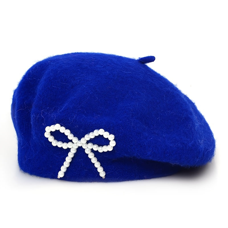 1pc Women's Wool Beret with Pearl Bow - Elegant, Breathable, and Stylish in Multiple Colors (Black, Brown, Gray, Beige, Purple, Pink) for Casual Attire