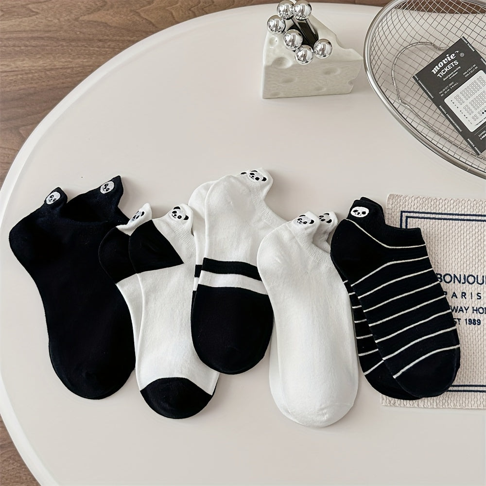 Women's Cotton Ankle-Length Socks 5-Pair Set with Panda Embroidery, Breathable Moisture-Wicking Knit, Anti-Odor, Seamless Toe, Stretch Spandex Blend - Size 200 Needle Count