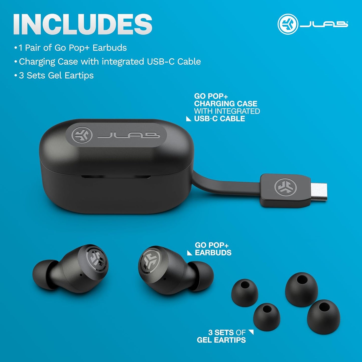 Jlab Go Air Pop True Wireless Bluetooth Earbuds & Charging Case - Black, Dual Connect, IPX4 Sweat Resistance, Bluetooth 5 Connection, 3 EQ Sound Settings Signature, Balanced, Bass Boost