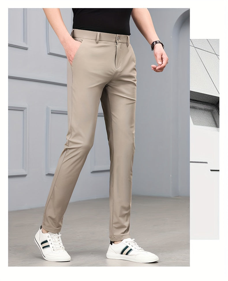 Men's Slim-Fit Stretch Casual Pants with Multiple Pockets - Waterproof, UV Protection, Light Gray, Straight Leg, Nylon Blend for Spring/Fall, Button Closure, Comfortable & Stylish Design, Everyday Comfort Pants | Modern Casua