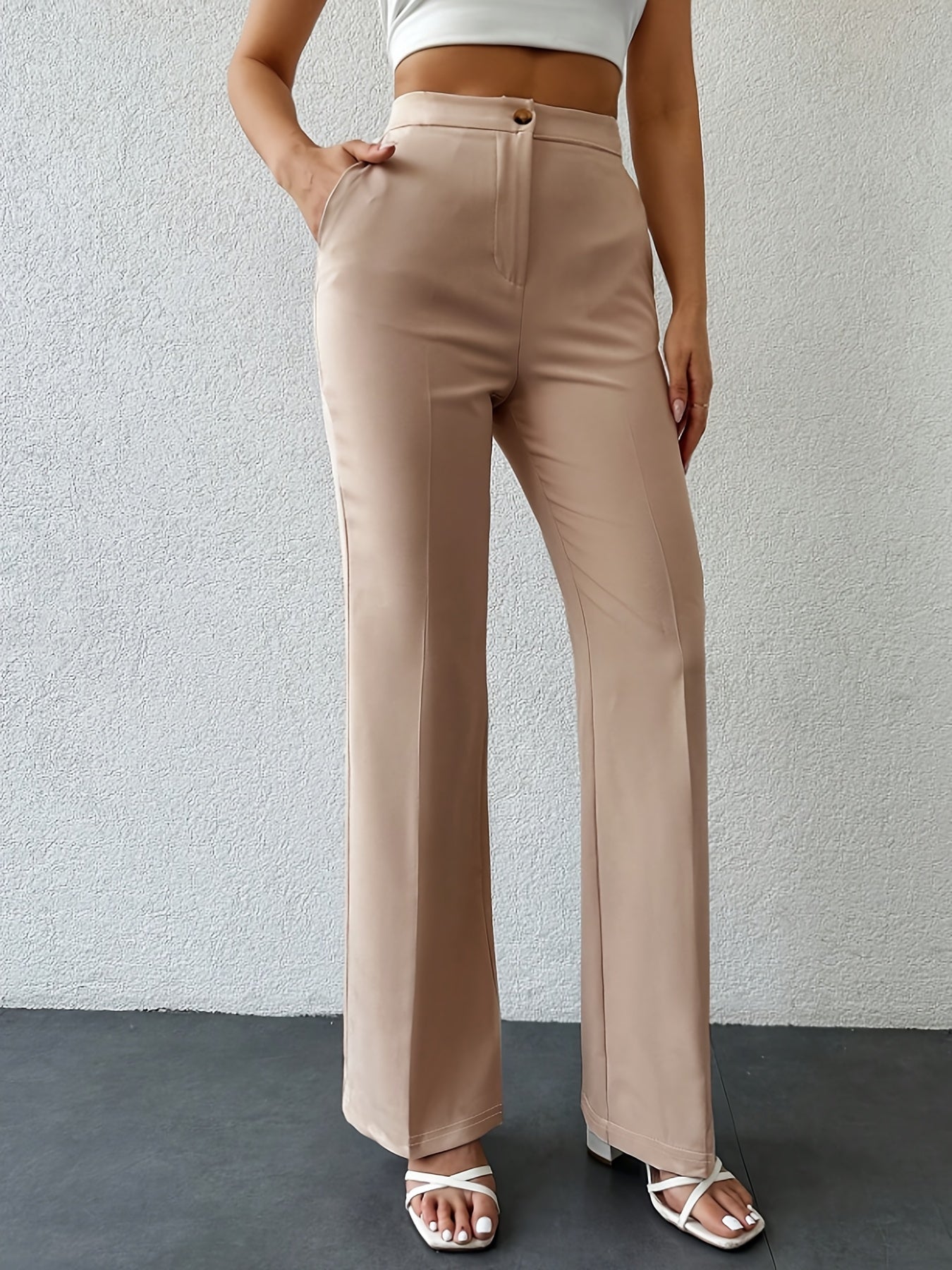 Elegant Women's Solid Color Wide-Leg Pants - High Waist, Straight Leg, Polyester Blend, Machine Washable - Perfect for Fall/Winter, Long Pants