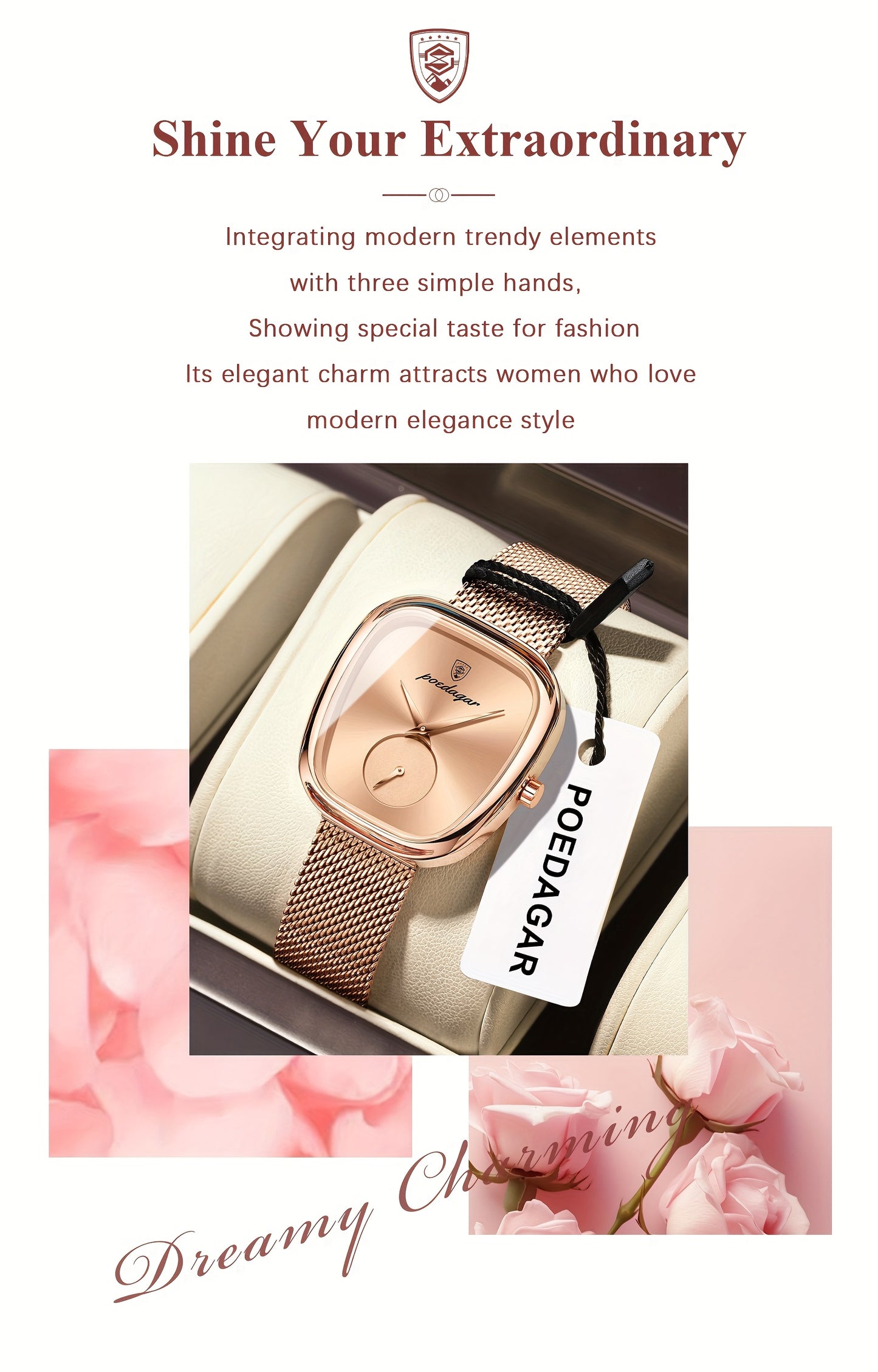 POEDAGAR Elegant Women's Quartz Watch - Waterproof, Stainless Steel Mesh Band, Rose Golden Square Dial, Black Strap, Perfect for Parties & Casual Attire, Stylish Timepiece | Elegant Design | Mesh Strap Watch, Watch Accessorie