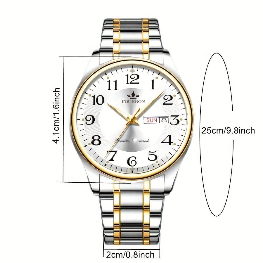 FOURRON Men's Quartz Watch - Trendy and Fashionable Appearance Stainless Steel Band with Luminous & Date Display, Ideal Gift for Birthdays & Holidays, Sunday Calendar Display, Multifunctional Watch, Casual Fashion, Gift for R