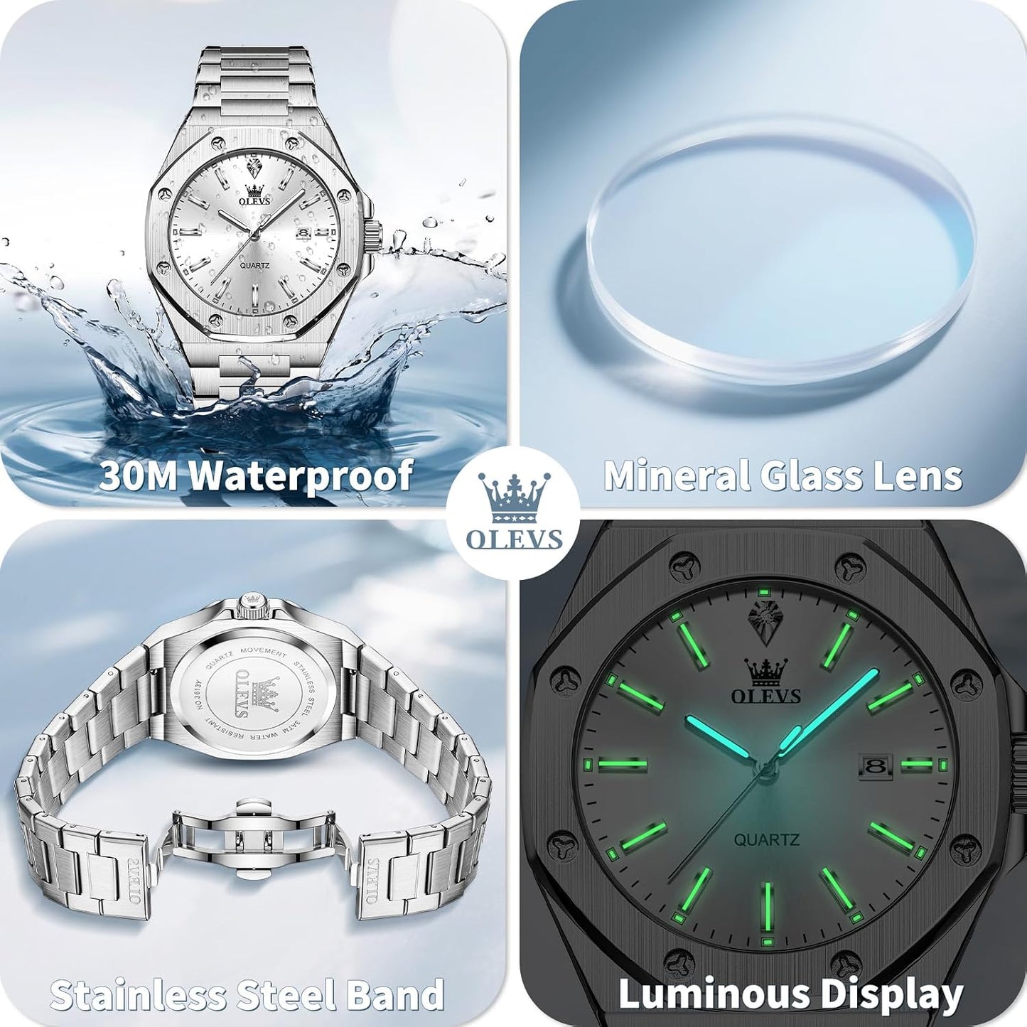 OLEVS Men's Stainless Steel Dress Watch Big Face Waterproof