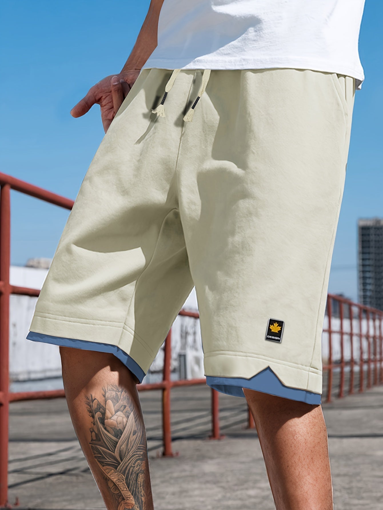 Men's Solid Shorts With Pockets, Casual Elastic Waist Fake Two-piece Drawstring Shorts For Summer