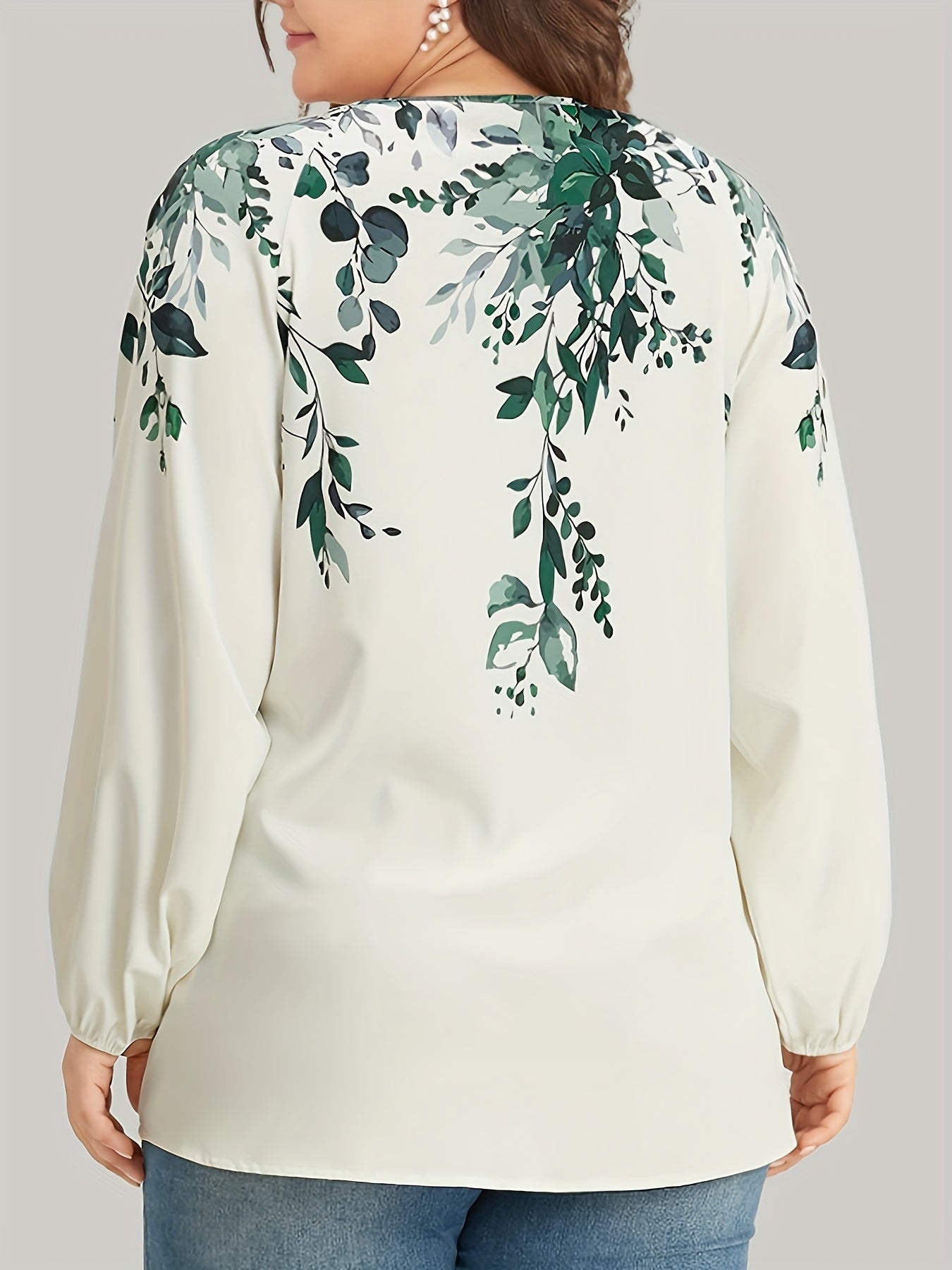 Plus Size Floral Print Blouse, Casual V Neck Long Sleeve Blouse For Spring, Women's Plus Size Clothing