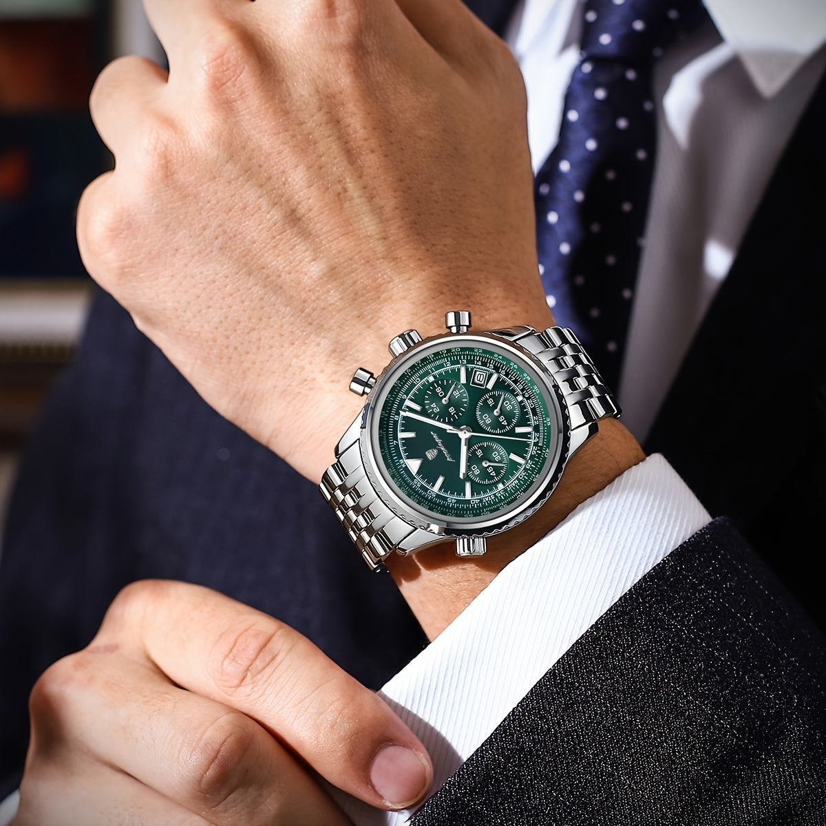 POEDAGAR Men's Luxury Stainless Steel Watch, Chronograph, Calendar, Date Display, Green Dial with Black Bezel & Roman Numerals, Quartz Movement, Casual to Business Style, Suitable for Women