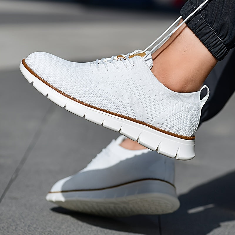 Men's Breathable Knit Business Casual Shoes - Beige with Brown Accents, Lace-Up, EVA Sole, Round Toe, Versatile for All Seasons, Dressy Shoes