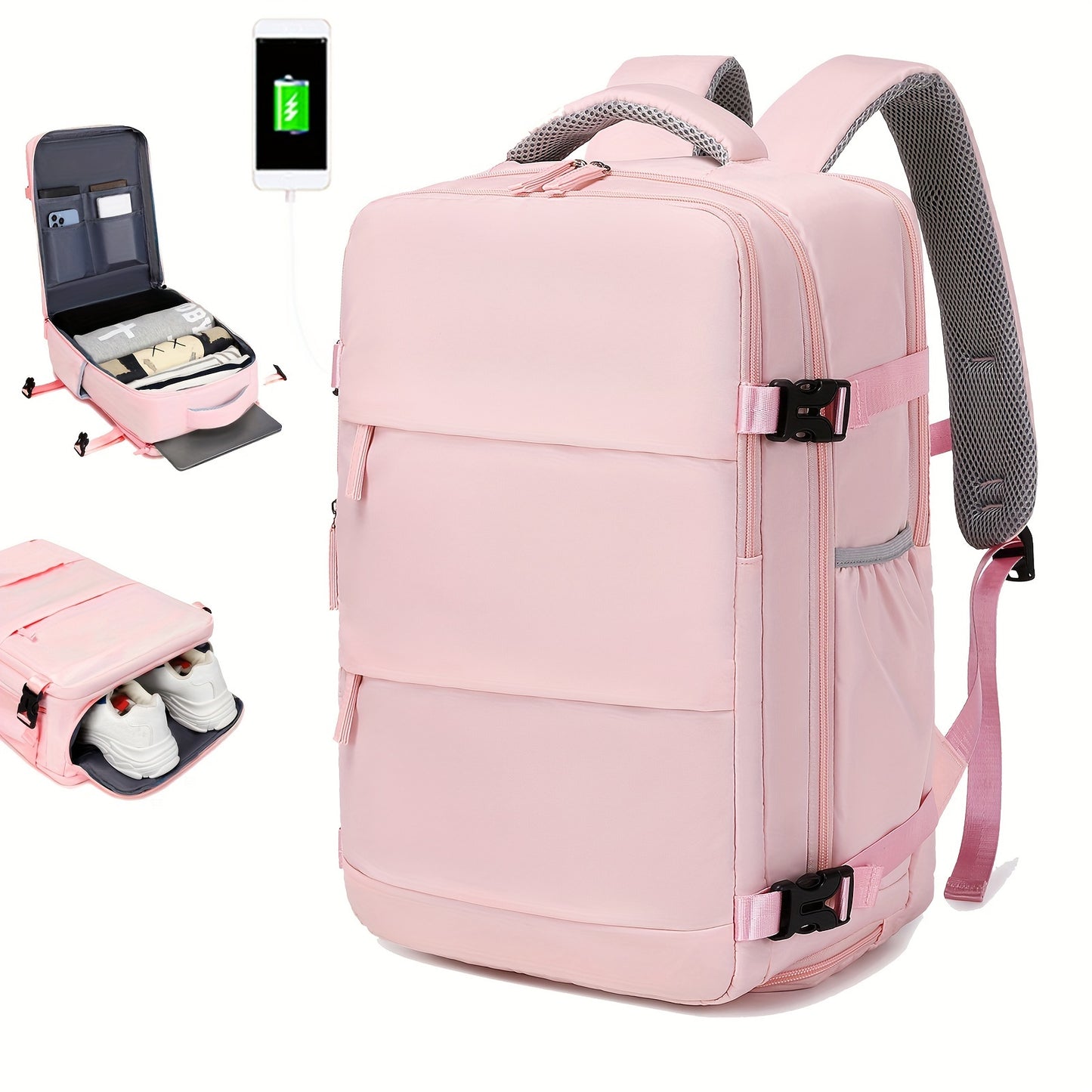 Women'S Travel Backpack, Flight Approved, Expandable Large Capacity Luggage Daypack, Business Weekend Bag with Shoe Compartment, Back to School Backpack, Solid Color, Polyester, Adjustable Strap, Zipper Closure, USB Powered,
