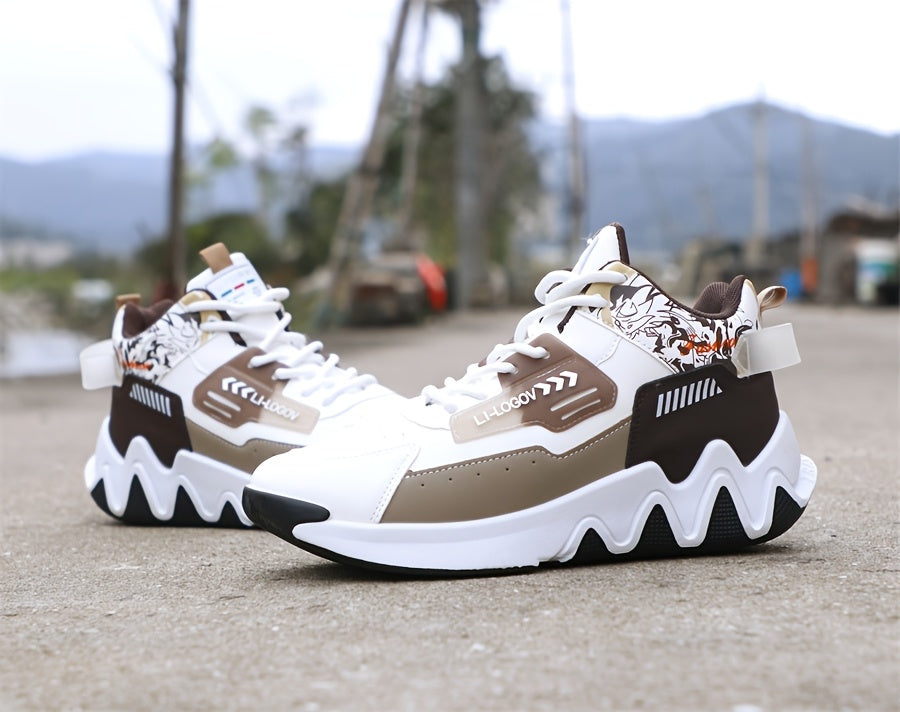 Men's High-Top Basketball Sneakers, Preppy Street Style, Solid Color with Cartoon Stripes, All-Season Lace-Up Sports Shoes, Faux Upper, Fabric Inner, Rubber Sole, for Running, Hiking Casual Wear, Outdoor Activities Shoes