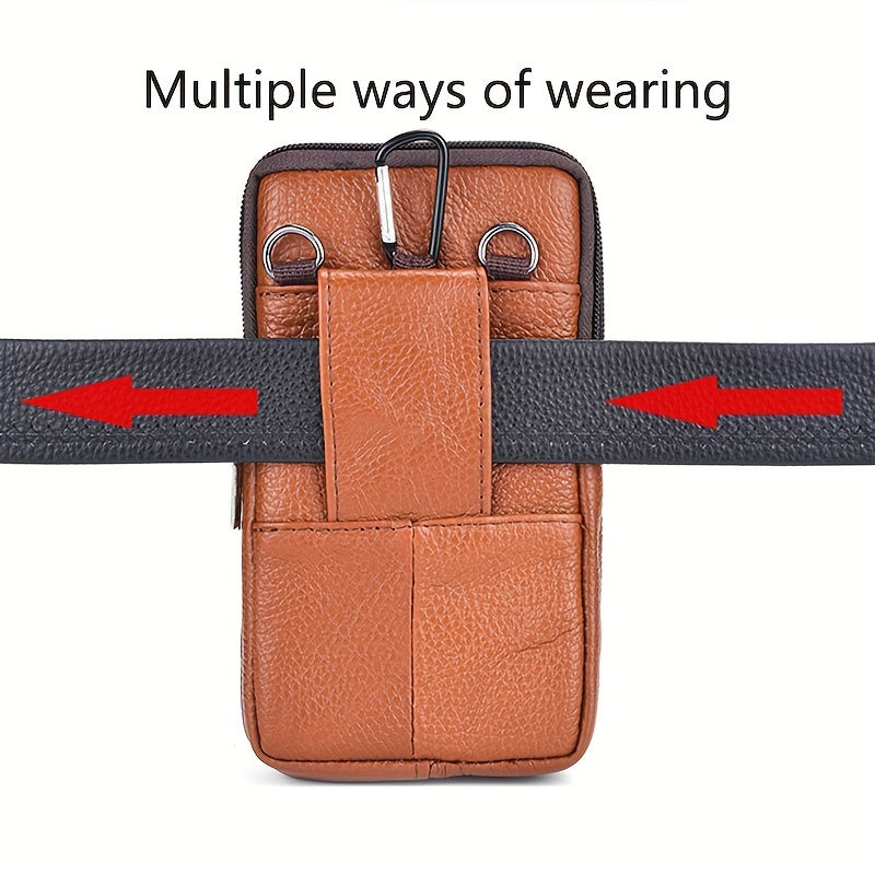 1pc Genuine Leather Cowhide Men's Waist Bag, Multi-Functional Zippered Phone Pouch with Adjustable Strap and Spacious Compartments for Work & Daily Use, Casual Style Top Layer Leather Fanny Pack