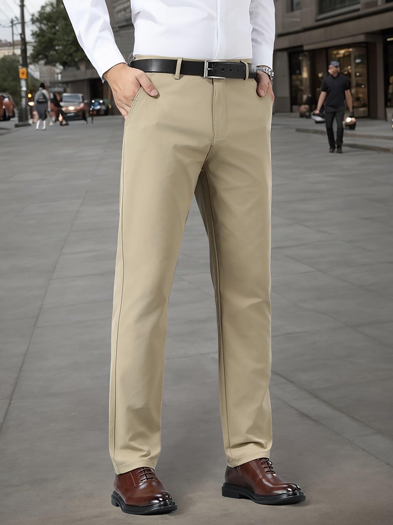 Men's Sleek Stretch Dress Pants - Solid Color Black, Comfort Fit with Subtle Stretch, Polyester Fabric, Mid-Rise, Machine Washable, Perfect for Business Casual & All-Season Wear, Business Casual Pants | Sleek Trousers | Easyc