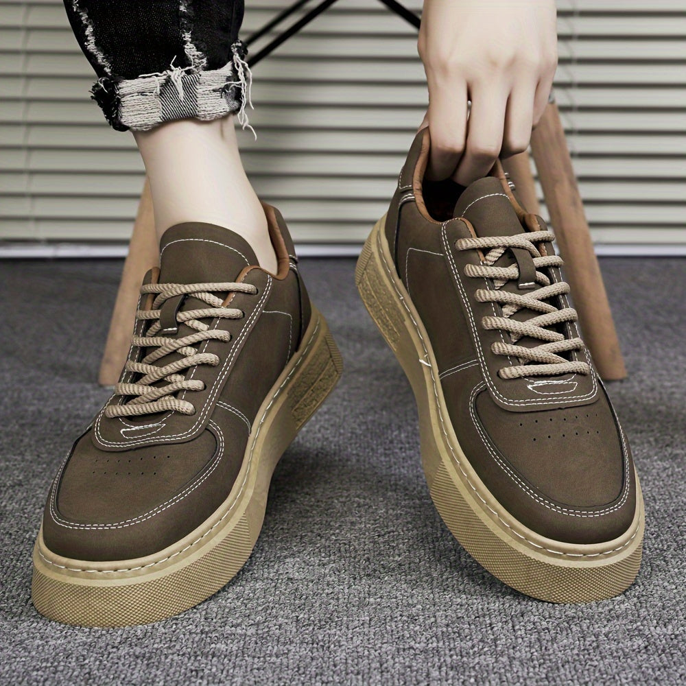 Men's Solid Colour Platform Skateboard Shoes, Comfy Non Slip Durable Lace Up Sneakers For Men's Outdoor Activities