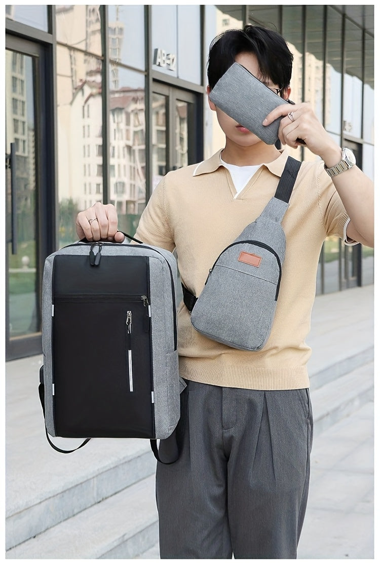 Three-Piece Set: Laptop Bag, Chest Bag, Wallet - Multi-Layer Oxford Fabric Adjustable Shoulder Backpack with Reflective Strip Design, Breathable Wide Strap Large Capacity Casual Storage Bag for Men, Suitable for Daily Commute