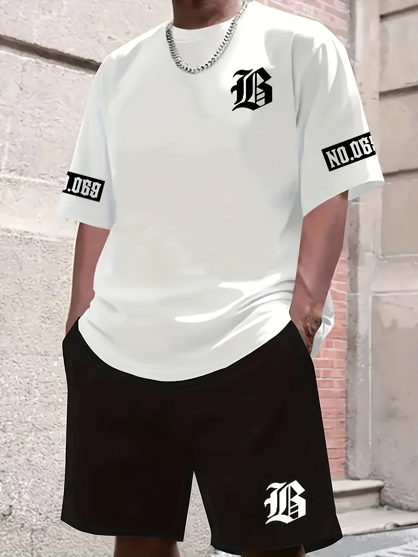 Men's Casual T-Shirt and Shorts Set with Bold "B" Print - Polyester Knit Fabric, Machine Washable, Summer Streetwear, Perfect for Outdoor Activities and Comfortable Leisure Wear