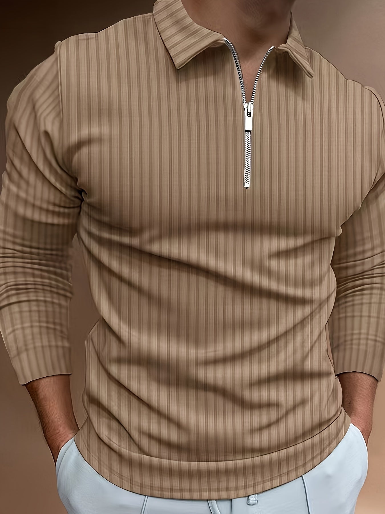 Men's Casual Sports Ribbed Long Sleeve Zipper Lapel Golf Shirt, Spring And Fall