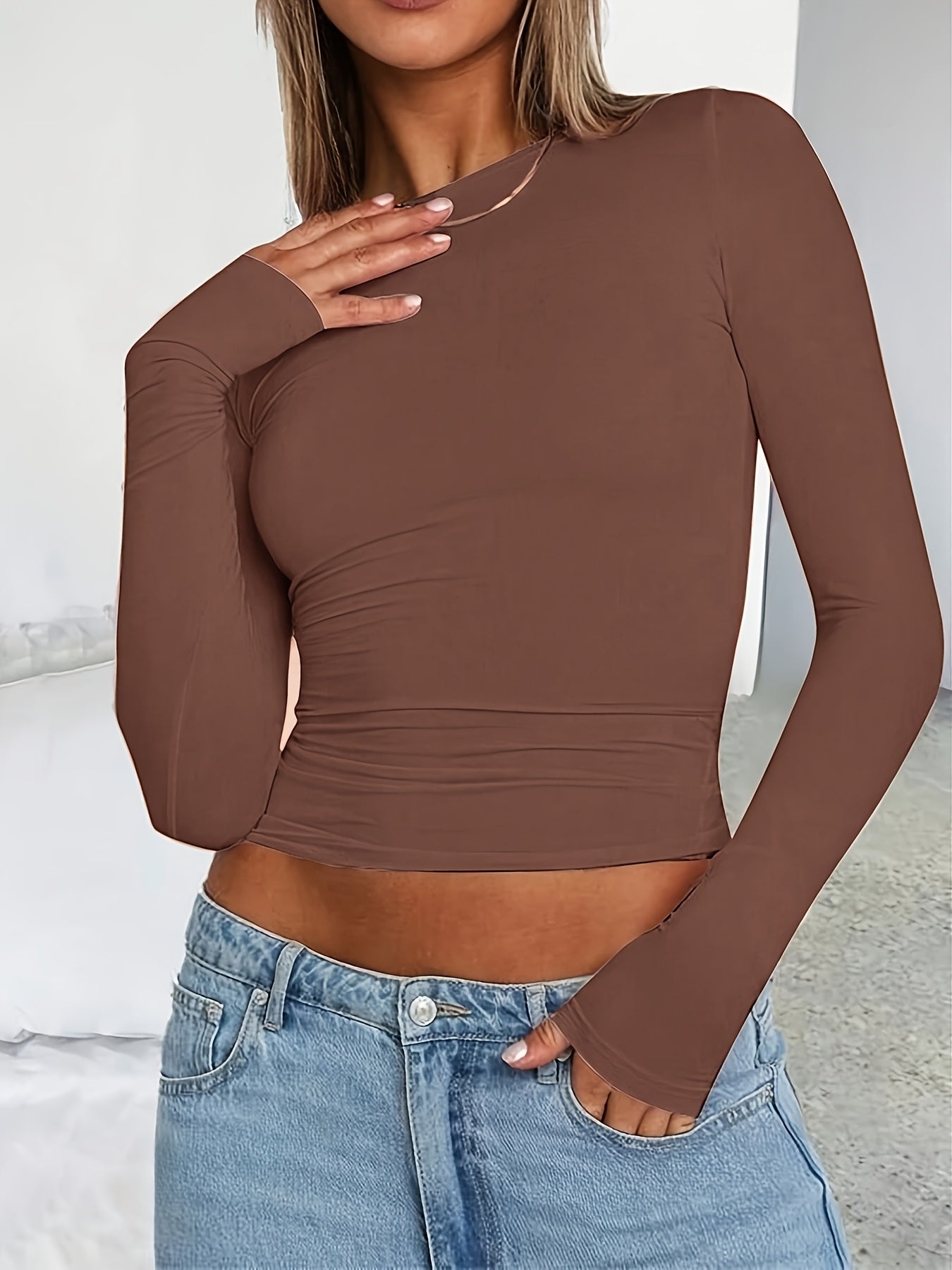 Women's Y2K Style Solid Color Crew Neck Long Sleeve T-Shirt, Polyester Knit Fabric, Skinny Fit, Short Length Pullover for Spring/Fall, Ladies T Shirts