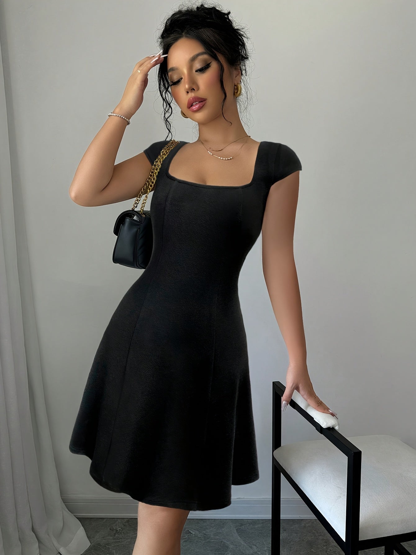Elegant Square Neck A-Line Dress with Puff Sleeves - Stretchy, Solid Color, Chic Design for Everyday & Work Wear