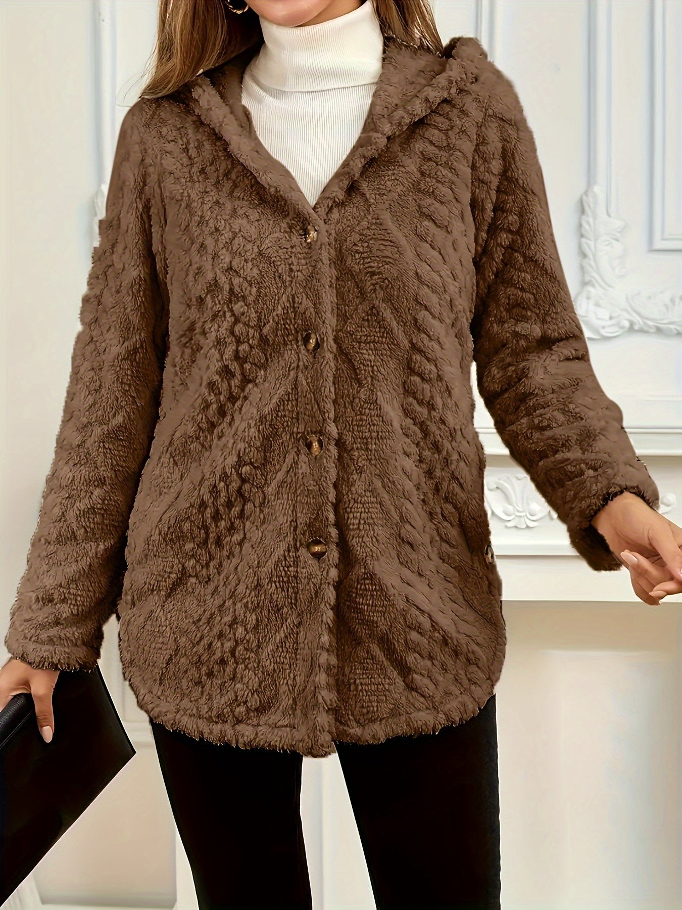 Elegant Pink Faux Fur Coat for Women - Chic Button-Front Hooded Jacket with Sleek Collar, Long Sleeves, and Ribbed Detailing - Perfect for Fall & Winter, Hand or Dry Clean Only