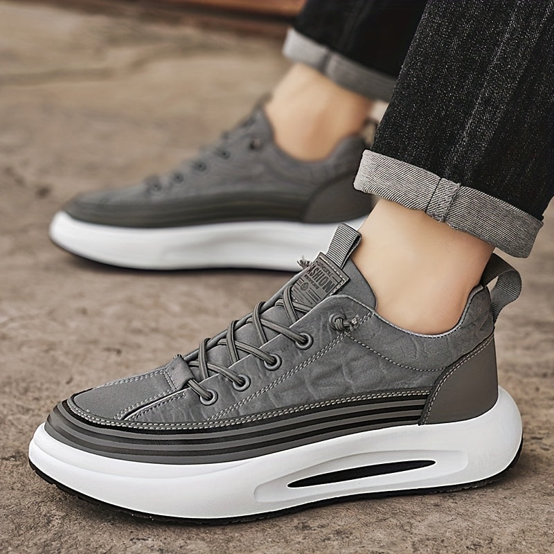 Men's Breathable Casual Sneakers - 2025 Spring New Design, Low-Top Elastic Lace-Up, Grey White PU Upper with Cushioned EVA Insole Durable PVC Sole for All-Season Outdoor Running, Gym, Daily Wear, Gym Shoes, Sleek Sporty D