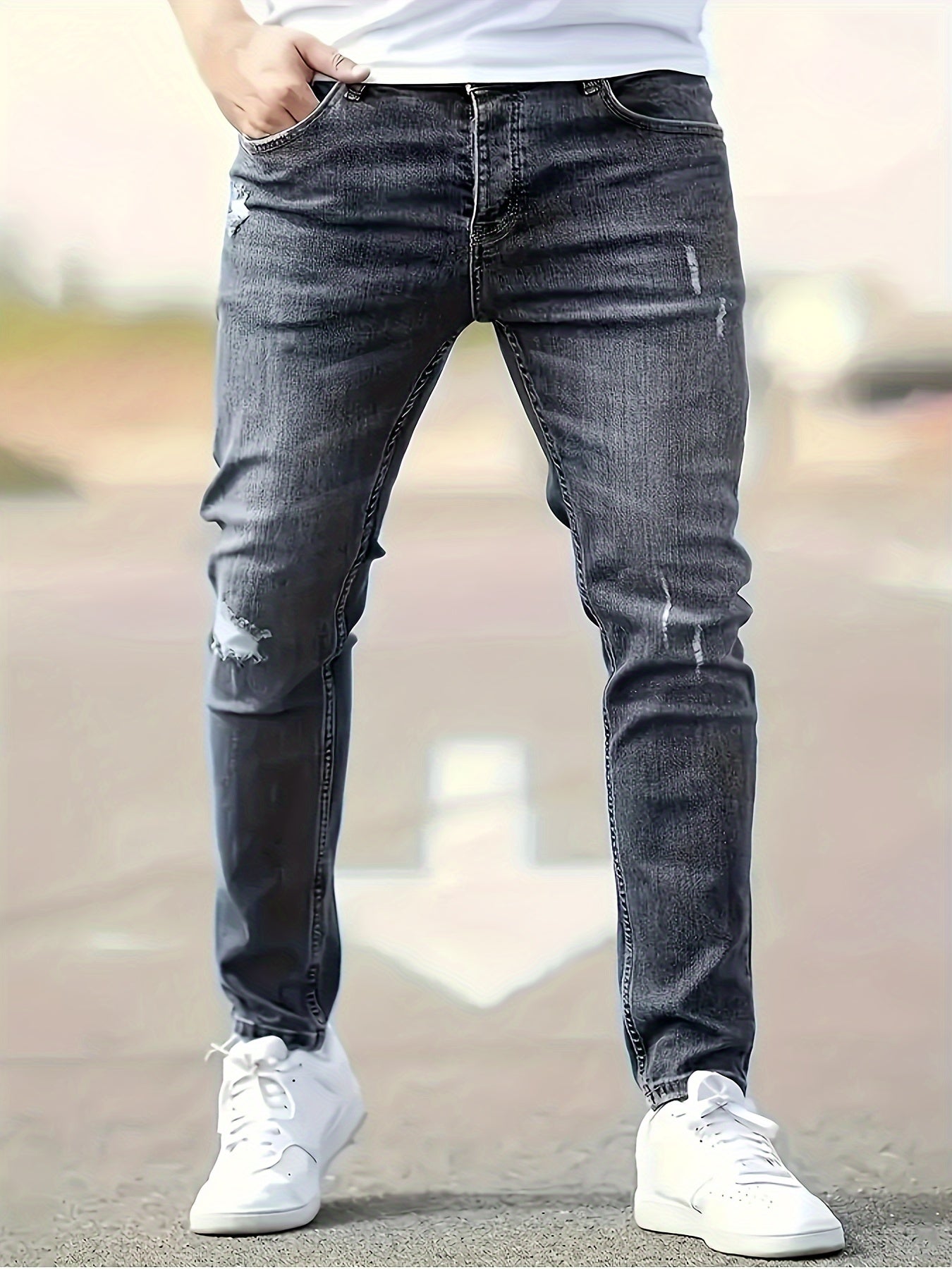 Men's Slim Fit Stretch Denim Jeans - Casual, Breathable & Machine Washable with Ripped Detail