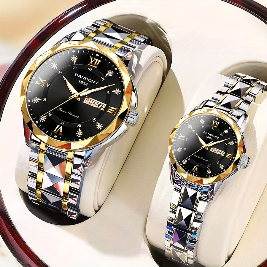 2pcs Couple Watch BANBONY Brand Trendy Fashion Men's and Women's Quartz Watch Stainless Steel Strap with Rhinestone Luminous High-definition Disc Waterproof Night Light Display Week Calendar Display Wristwatch Holiday Gift fo