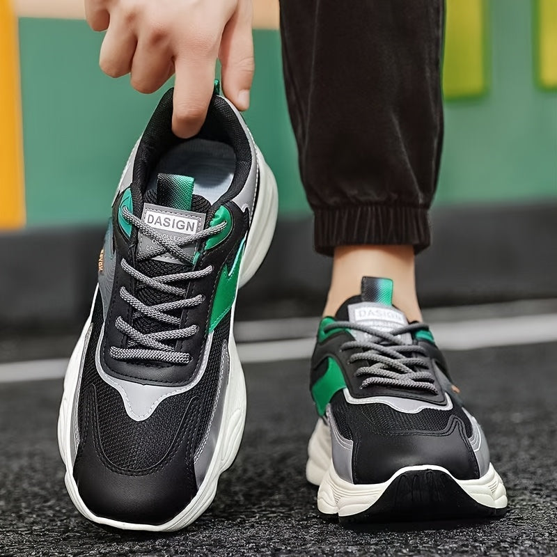 Men'S Casual Sports Shoes - Thick-Soled Lace-Up Sneakers with Synthetic Upper, Cushioned EVA Insole PVC Sole for Outdoor Hiking, Running, Gym - All-Season Comfort in Beige/Black, Brown/White, Green/White, Versatile Trainers